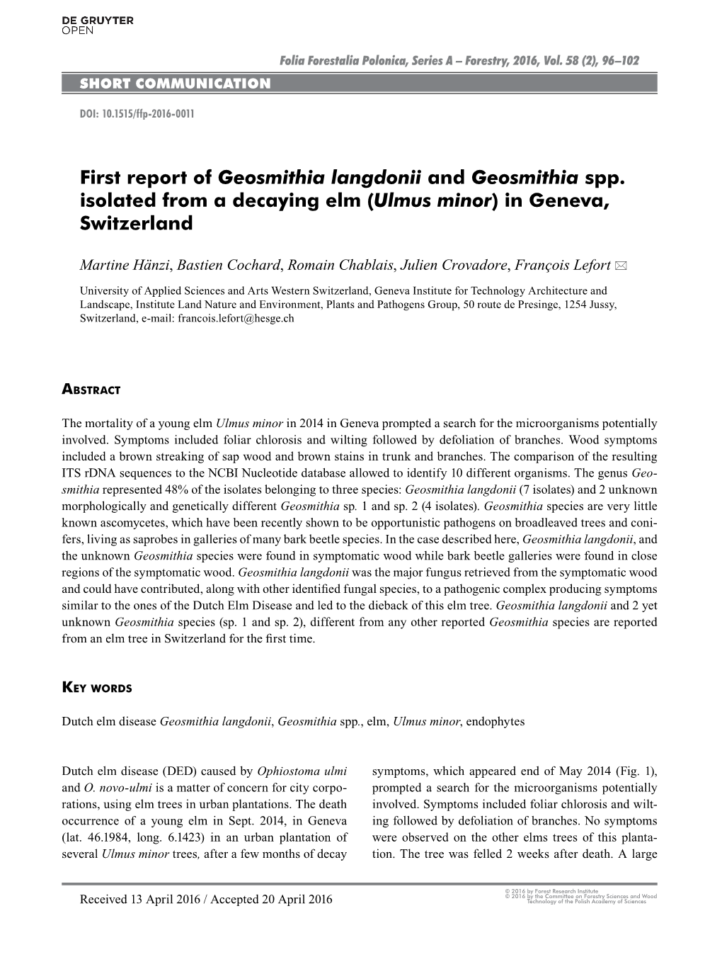 First Report of Geosmithia Langdonii and Geosmithia Spp. Isolated from a Decaying Elm (Ulmus Minor) in Geneva, Switzerland