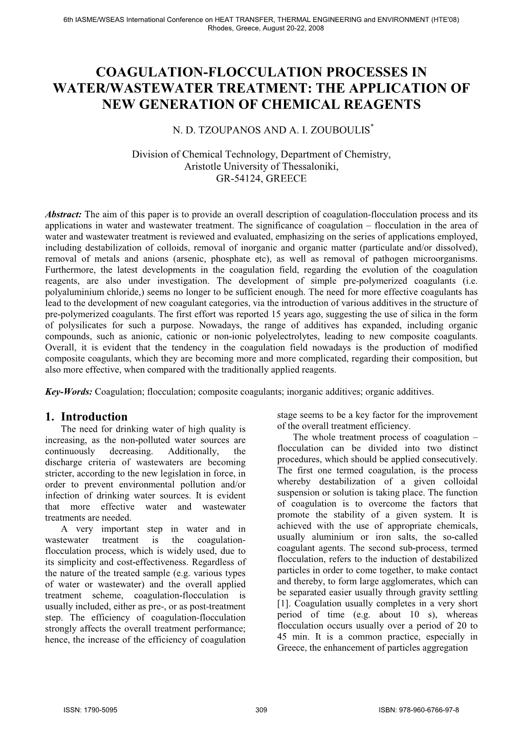 Coagulation-Flocculation Processes in Water/Wastewater Treatment: the Application of New Generation of Chemical Reagents