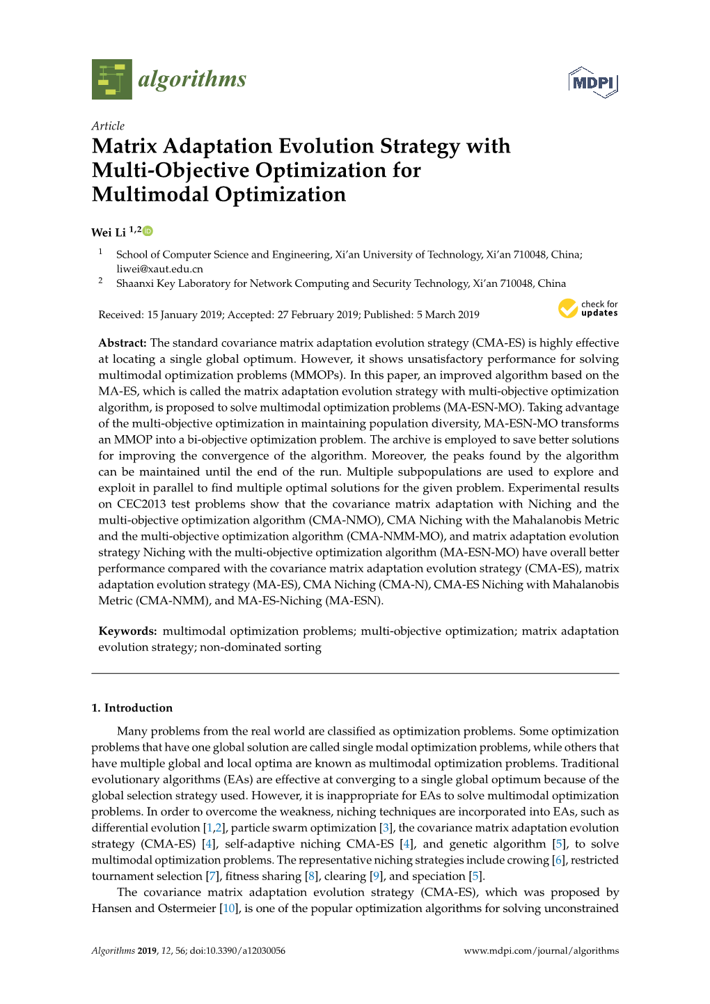Matrix Adaptation Evolution Strategy with Multi-Objective Optimization for Multimodal Optimization