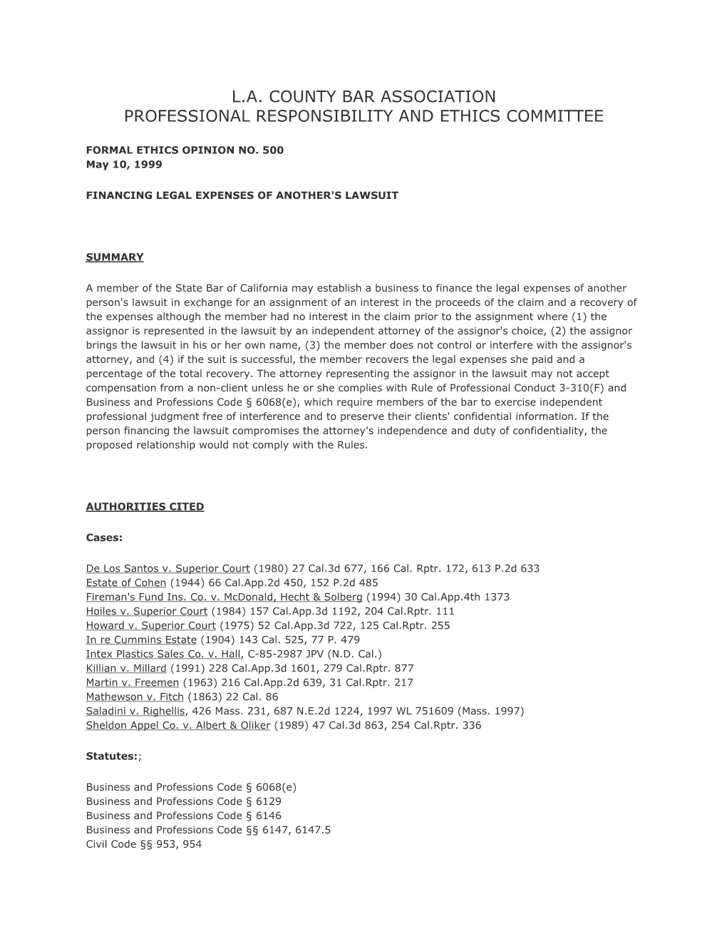 La County Bar Association Professional Responsibility and Ethics Committee