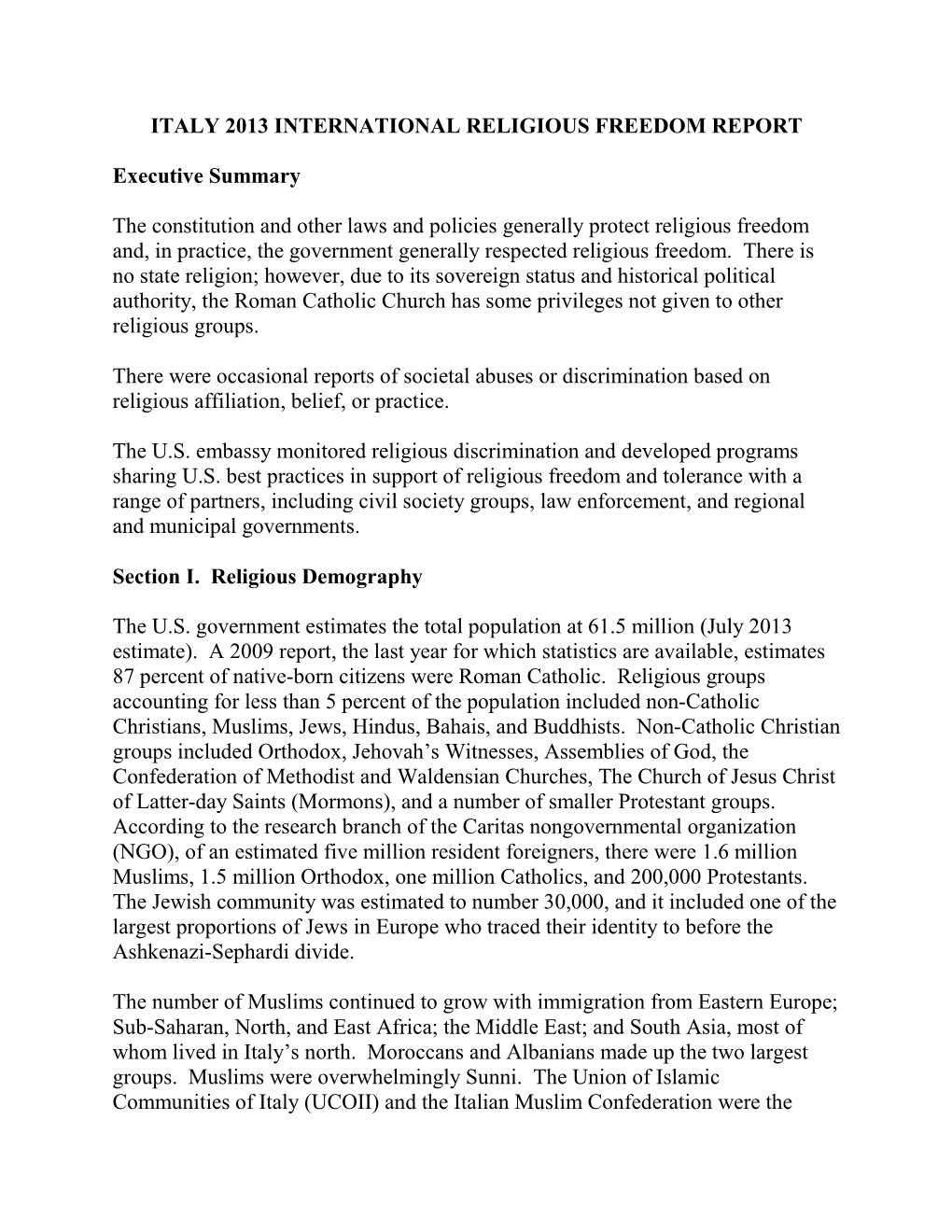 Italy 2013 International Religious Freedom Report