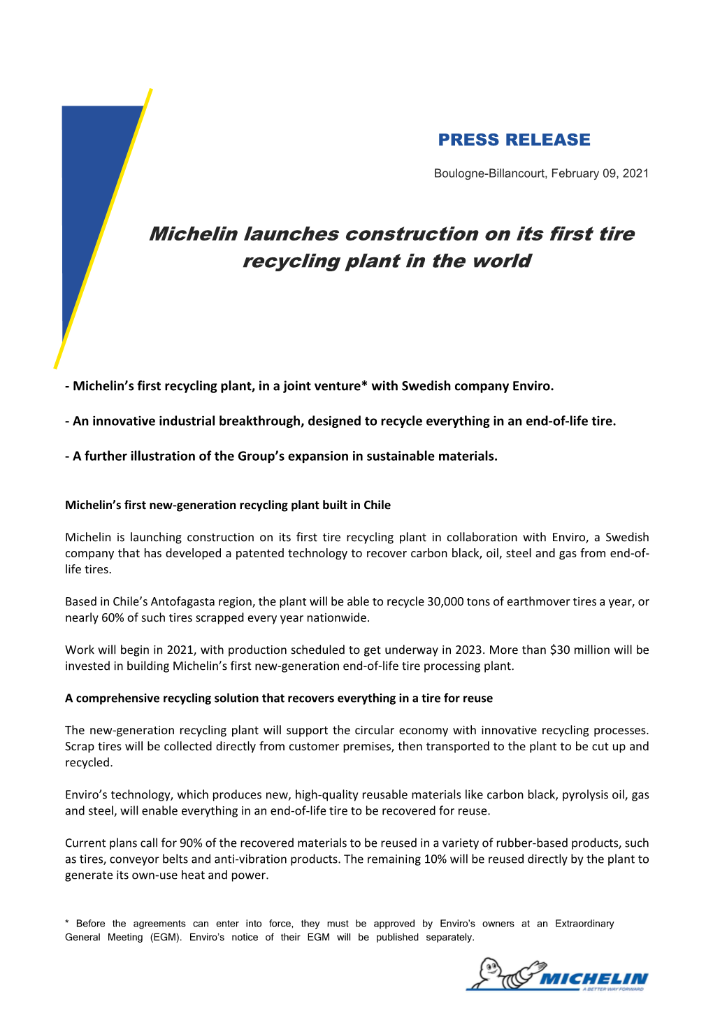 Michelin Launches Construction on Its First Tire Recycling Plant in the World