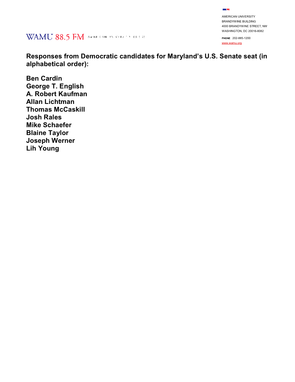 Maryland Senate Questionnaire- Democrats Update 3