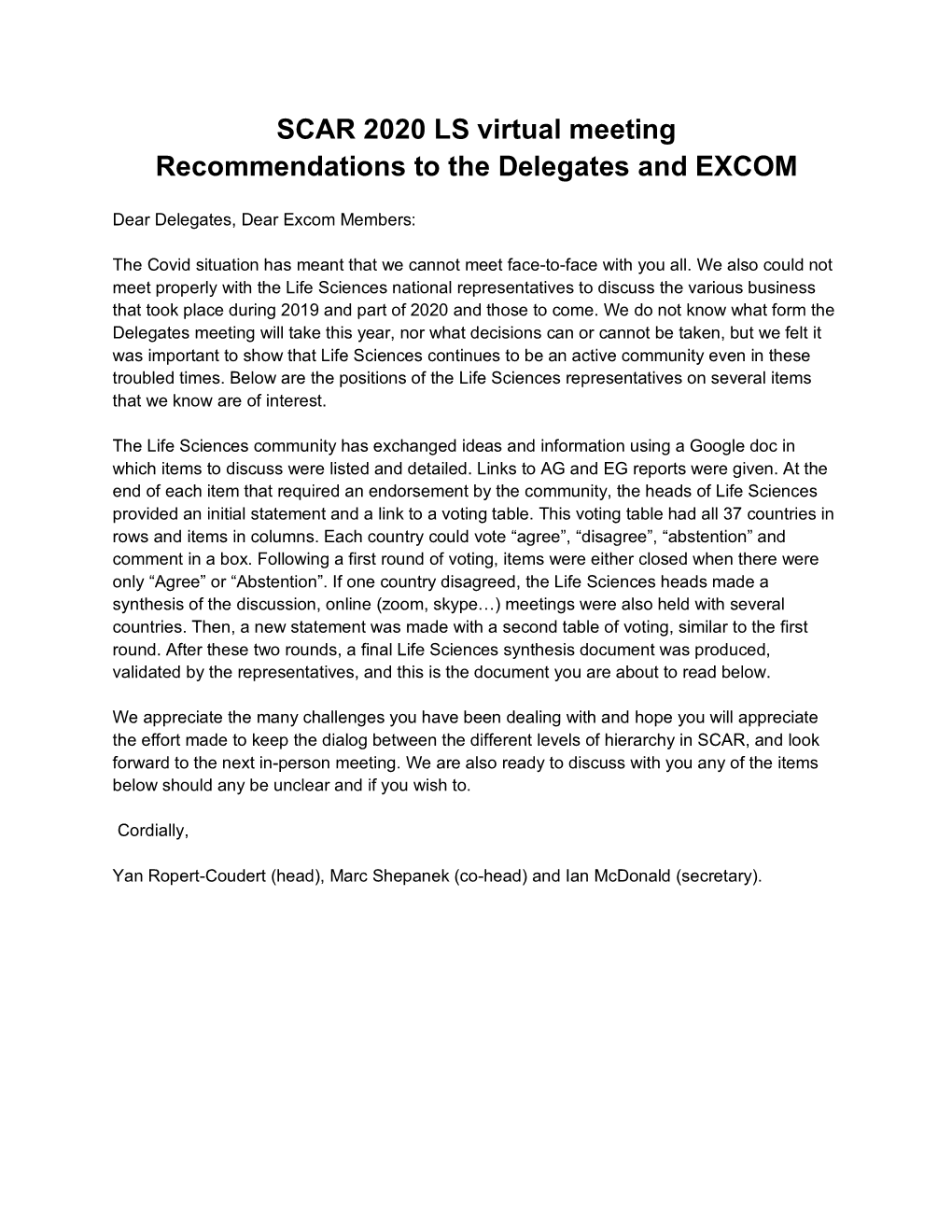 SCAR 2020 LS Virtual Meeting Recommendations to the Delegates and EXCOM
