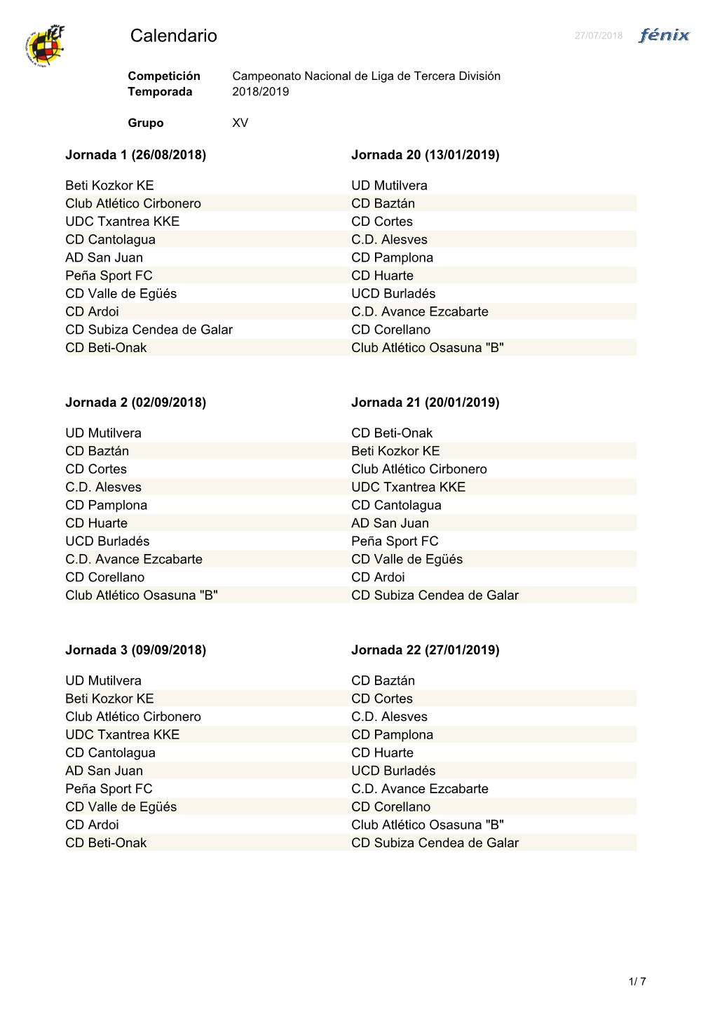 Calendario 27/07/2018