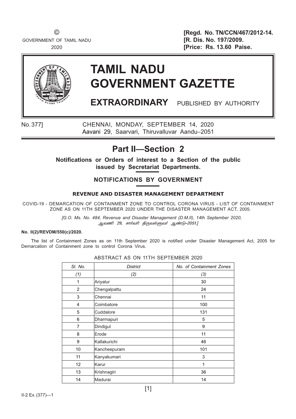 377] CHENNAI, MONDAY, SEPTEMBER 14, 2020 Aavani 29, Saarvari, Thiruvalluvar Aandu–2051