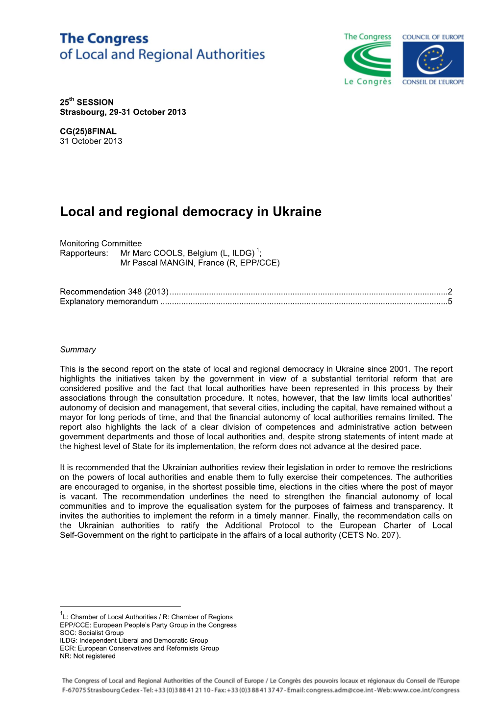 348 on Local and Regional Democracy in Ukraine and Report