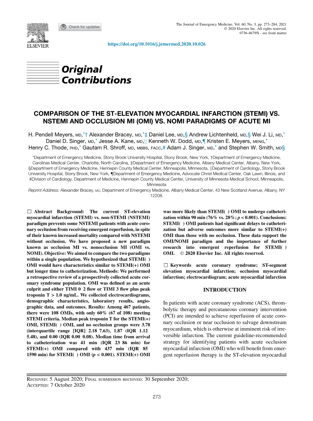 Comparison of the St-Elevation Myocardial Infarction (Stemi) Vs. Nstemi and Occlusion Mi (Omi) Vs