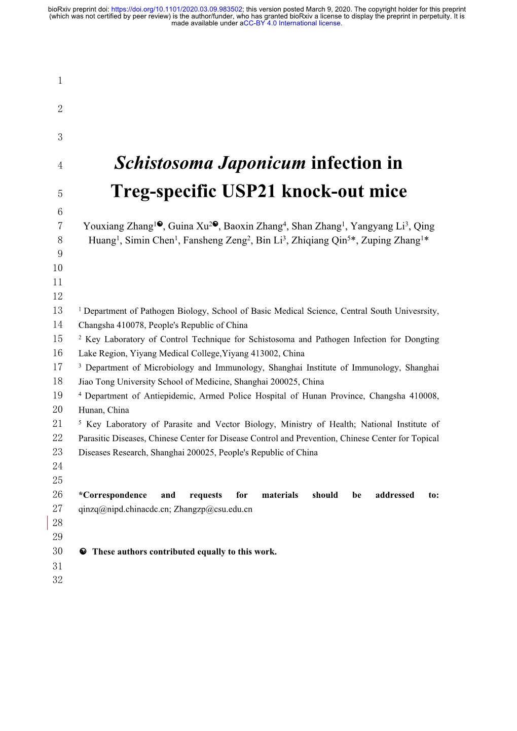 Schistosoma Japonicum Infection in Treg-Specific USP21 Knock-Out Mice
