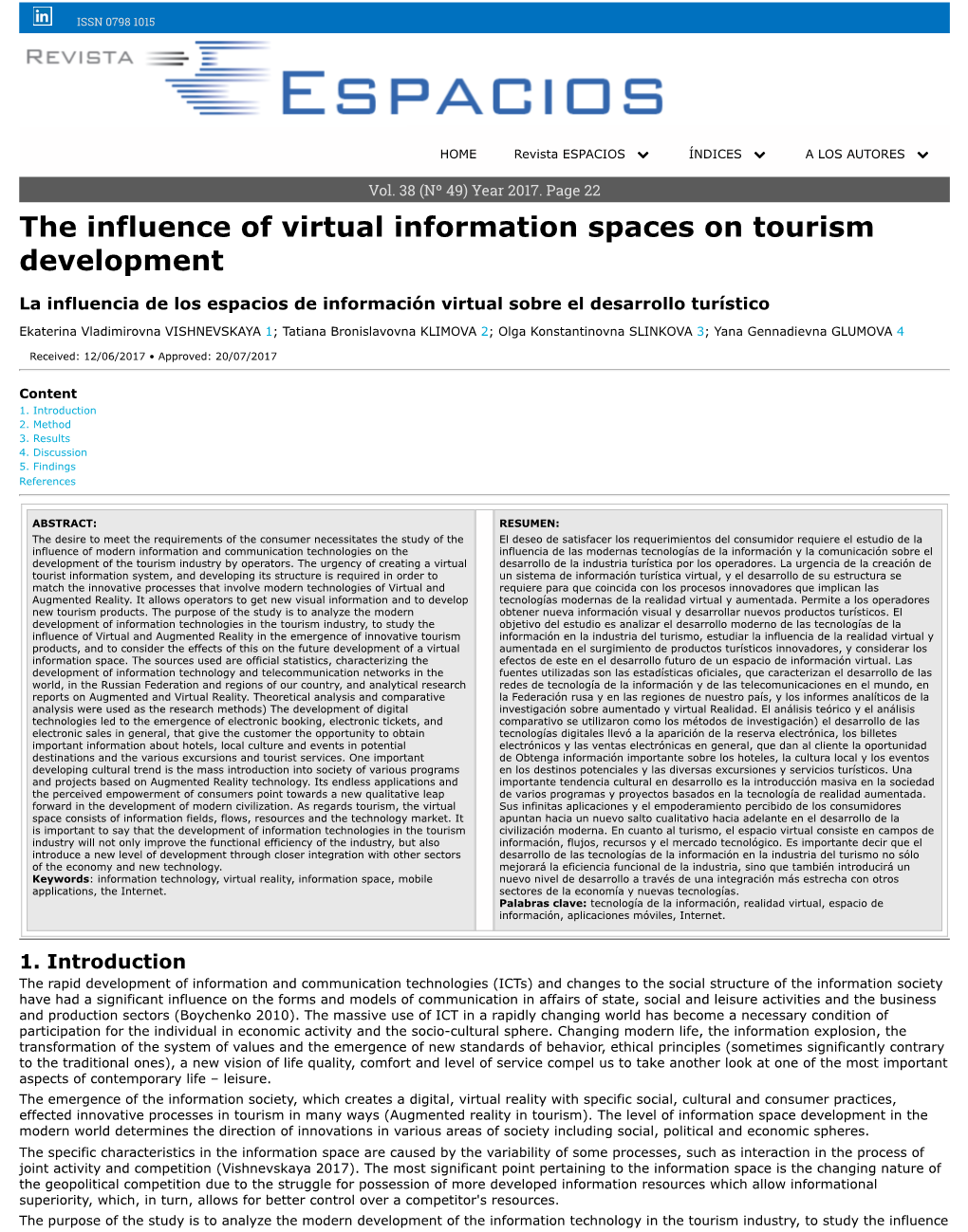 The Influence of Virtual Information Spaces on Tourism Development