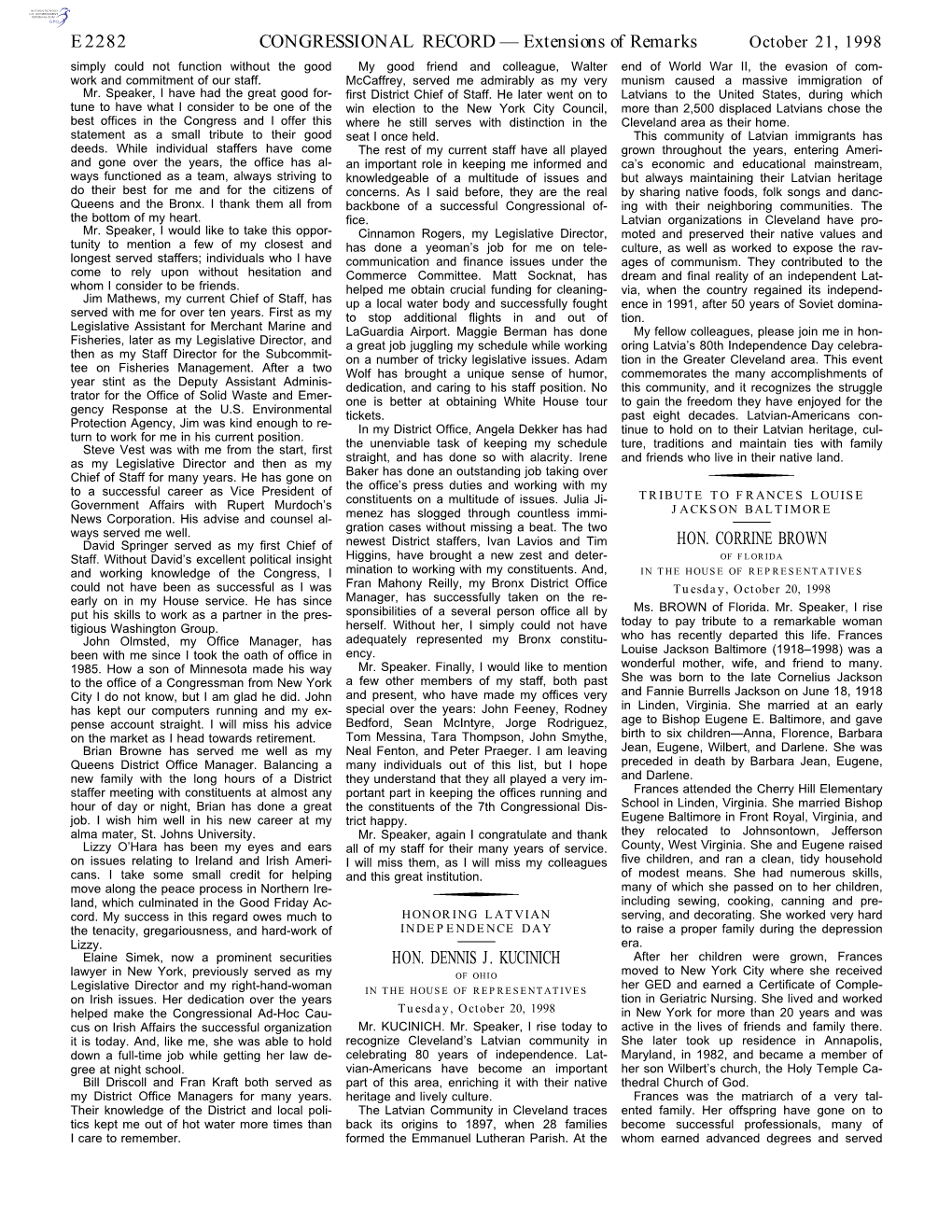 CONGRESSIONAL RECORD— Extensions of Remarks E2282 HON. DENNIS J. KUCINICH HON. CORRINE BROWN
