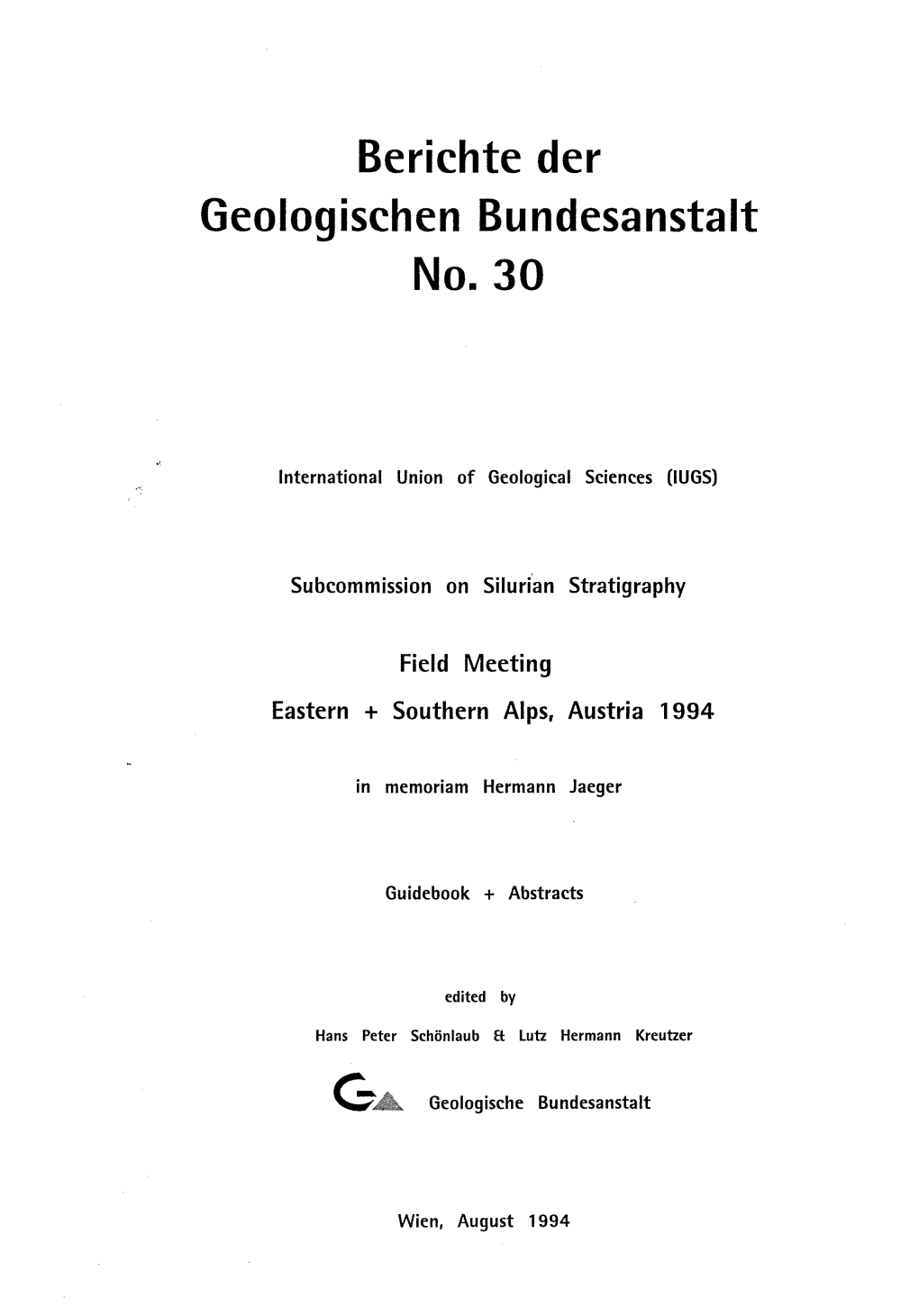 Berichte Der Geologischen Bundesanstalt No. 30