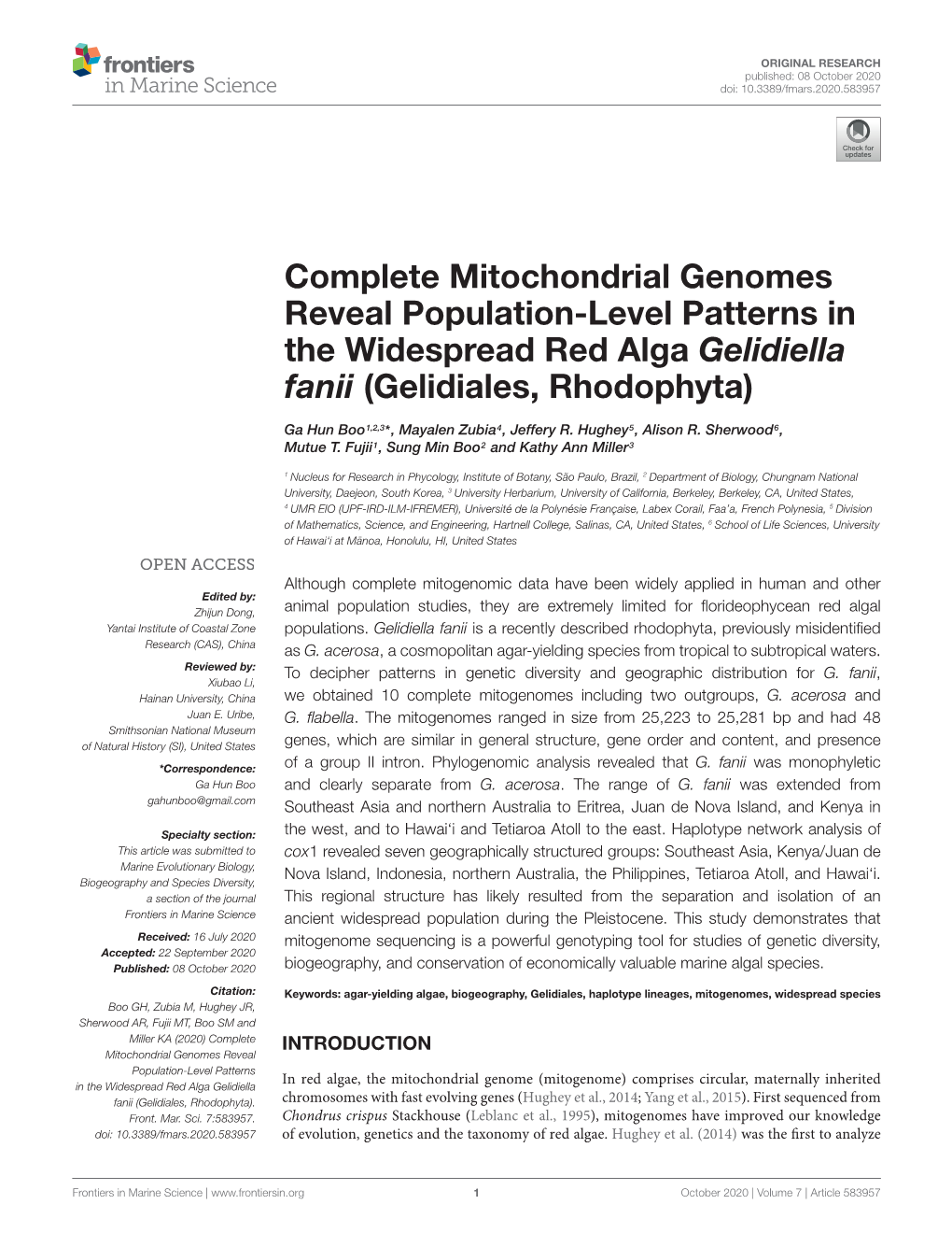 Complete Mitochondrial Genomes Reveal Population-Level Patterns in the Widespread Red Alga Gelidiella Fanii (Gelidiales, Rhodophyta)