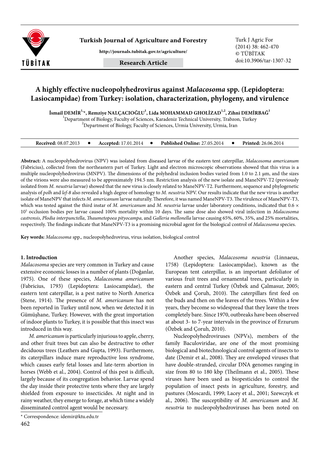 A Highly Effective Nucleopolyhedrovirus Against Malacosoma Spp