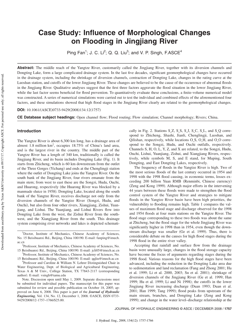 Influence of Morphological Changes on Flooding in Jingjiang