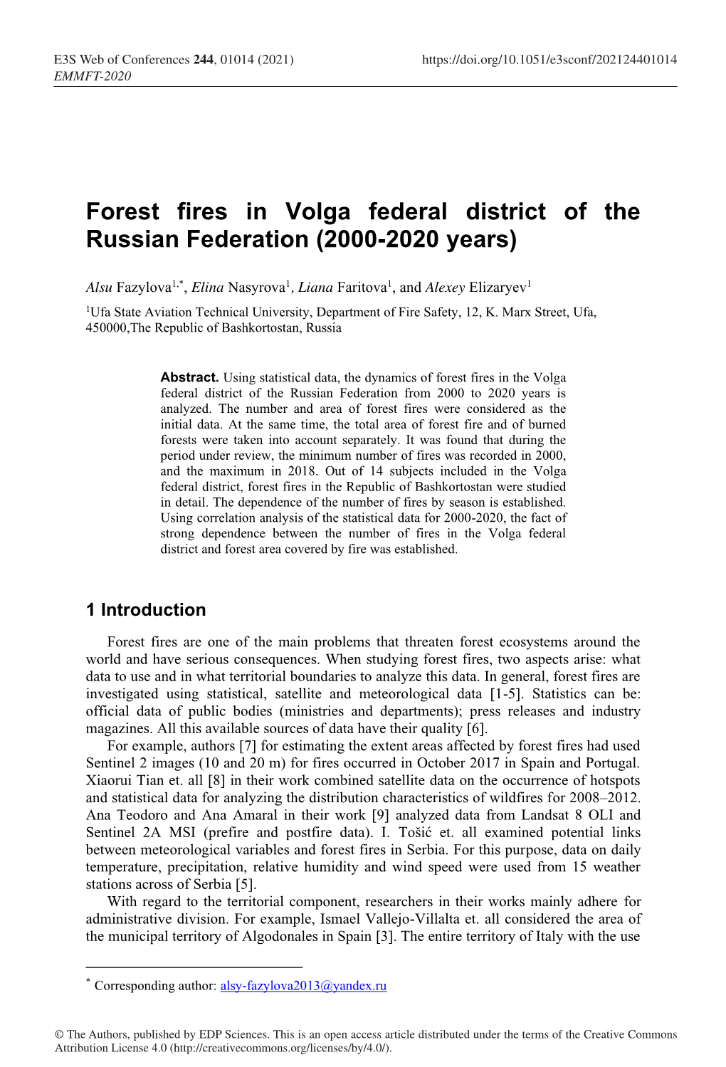 Forest Fires in Volga Federal District of the Russian Federation (2000-2020 Years)