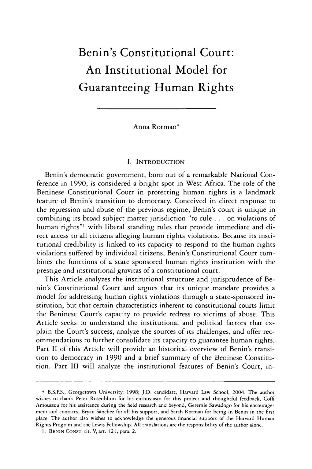 Benin's Constitutional Court: an Institutional Model for Guaranteeing Human Rights