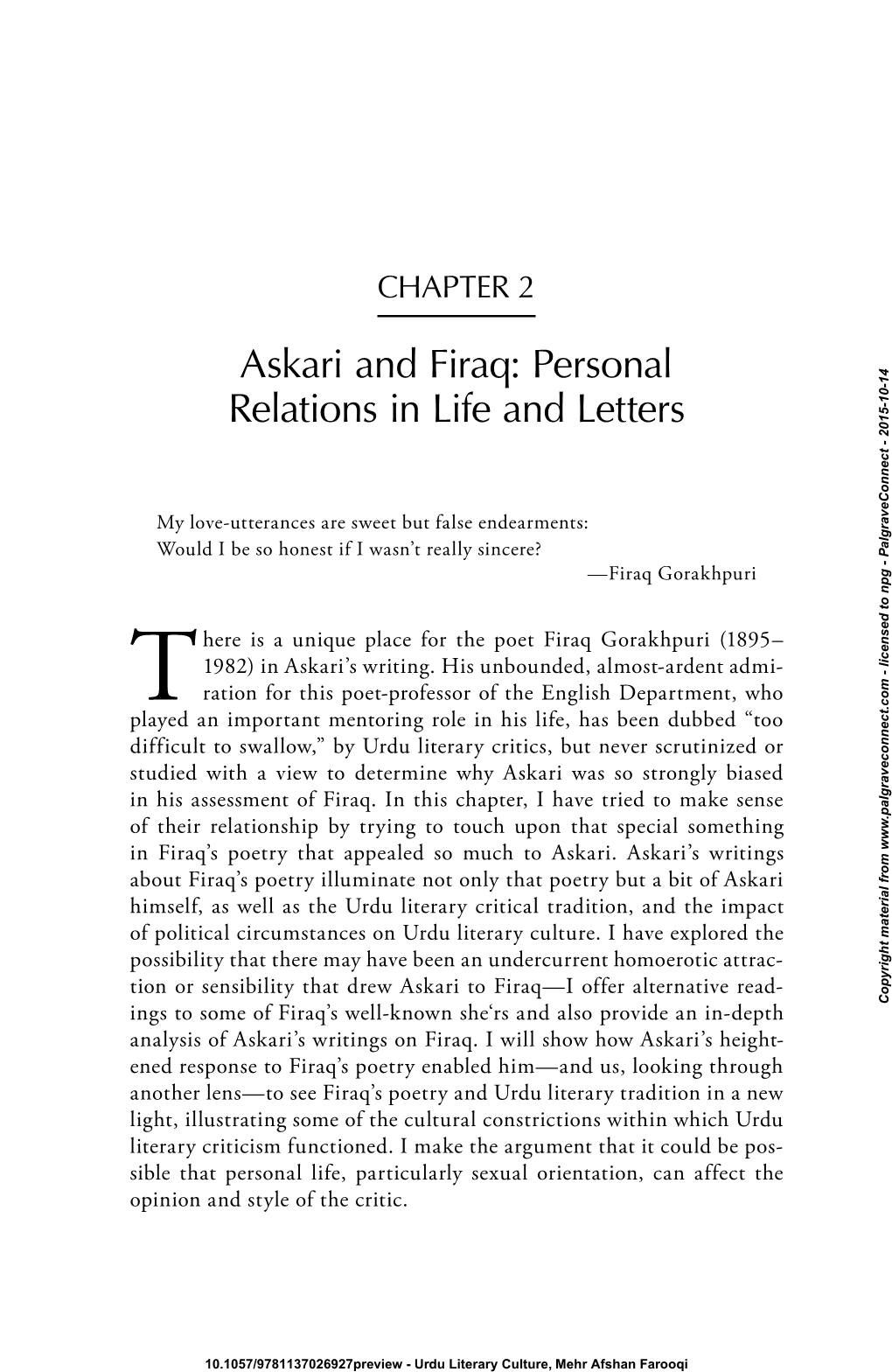 Askari and Firaq: Personal Relations in Life and Letters