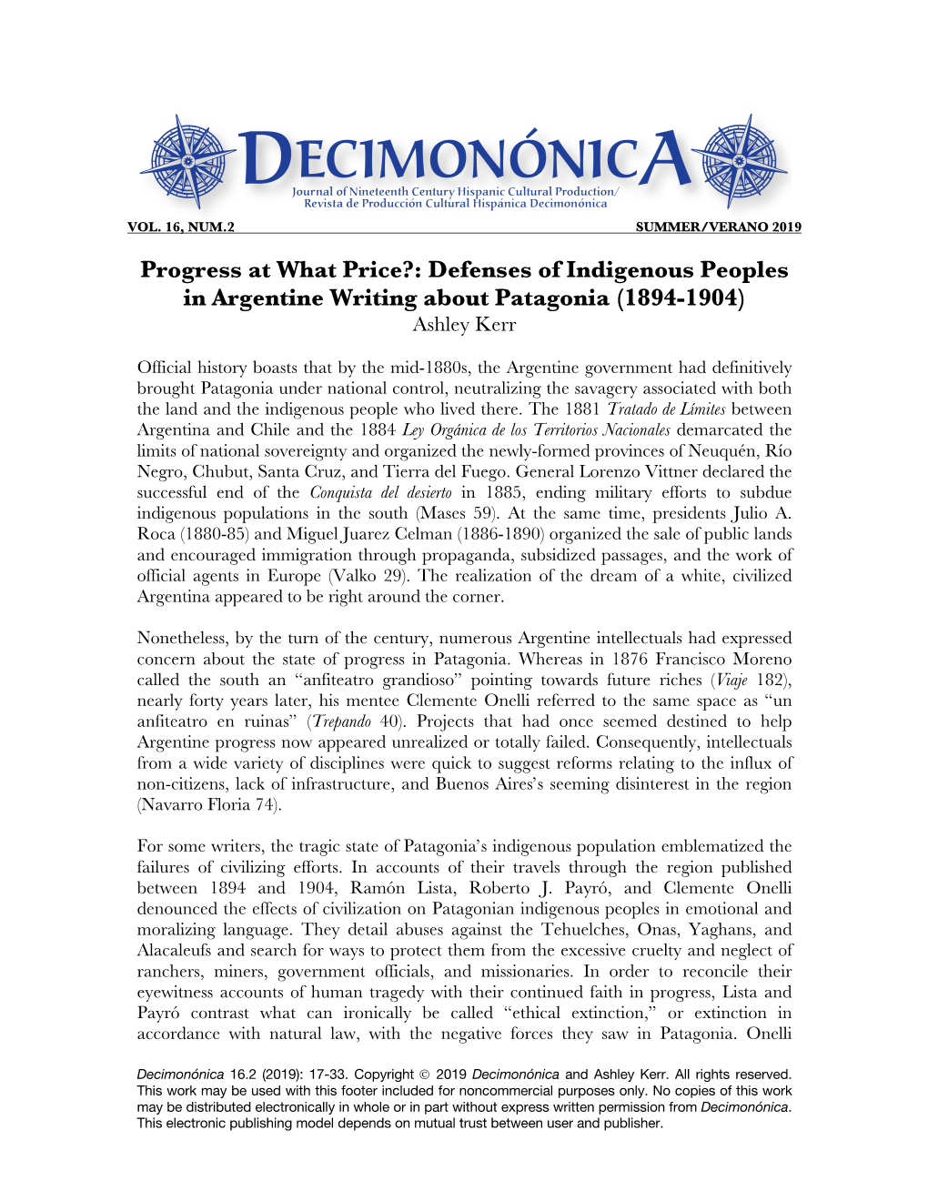 Defenses of Indigenous Peoples in Argentine Writing About Patagonia (1894-1904) Ashley Kerr