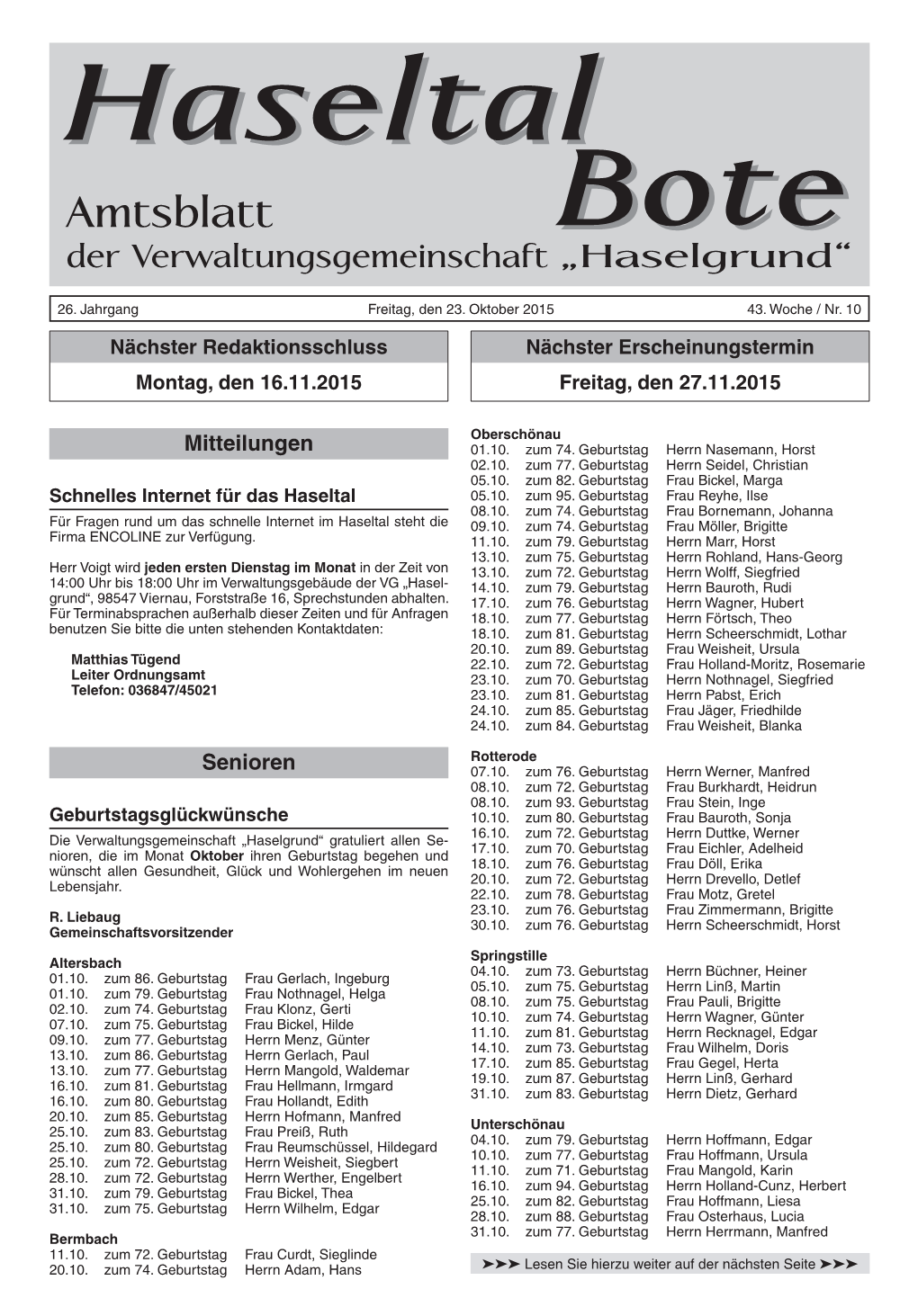 Amtsblatt Botebote Der Verwaltungsgemeinschaft „Haselgrund“