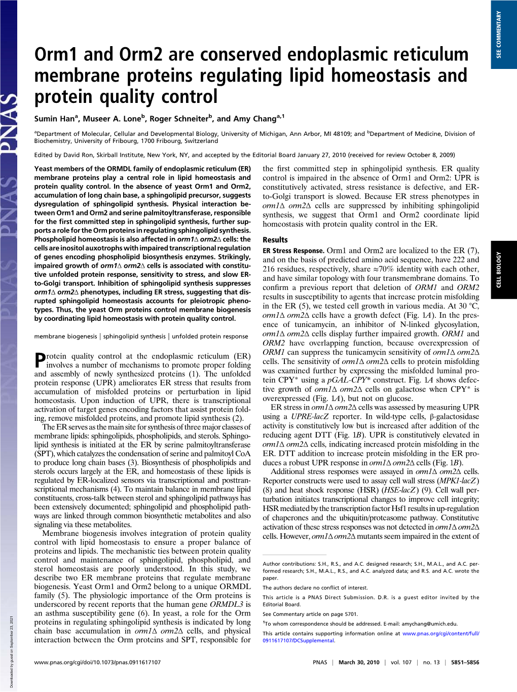 Orm1 and Orm2 Are Conserved Endoplasmic Reticulum Membrane Proteins Regulating Lipid Homeostasis and Protein Quality Control