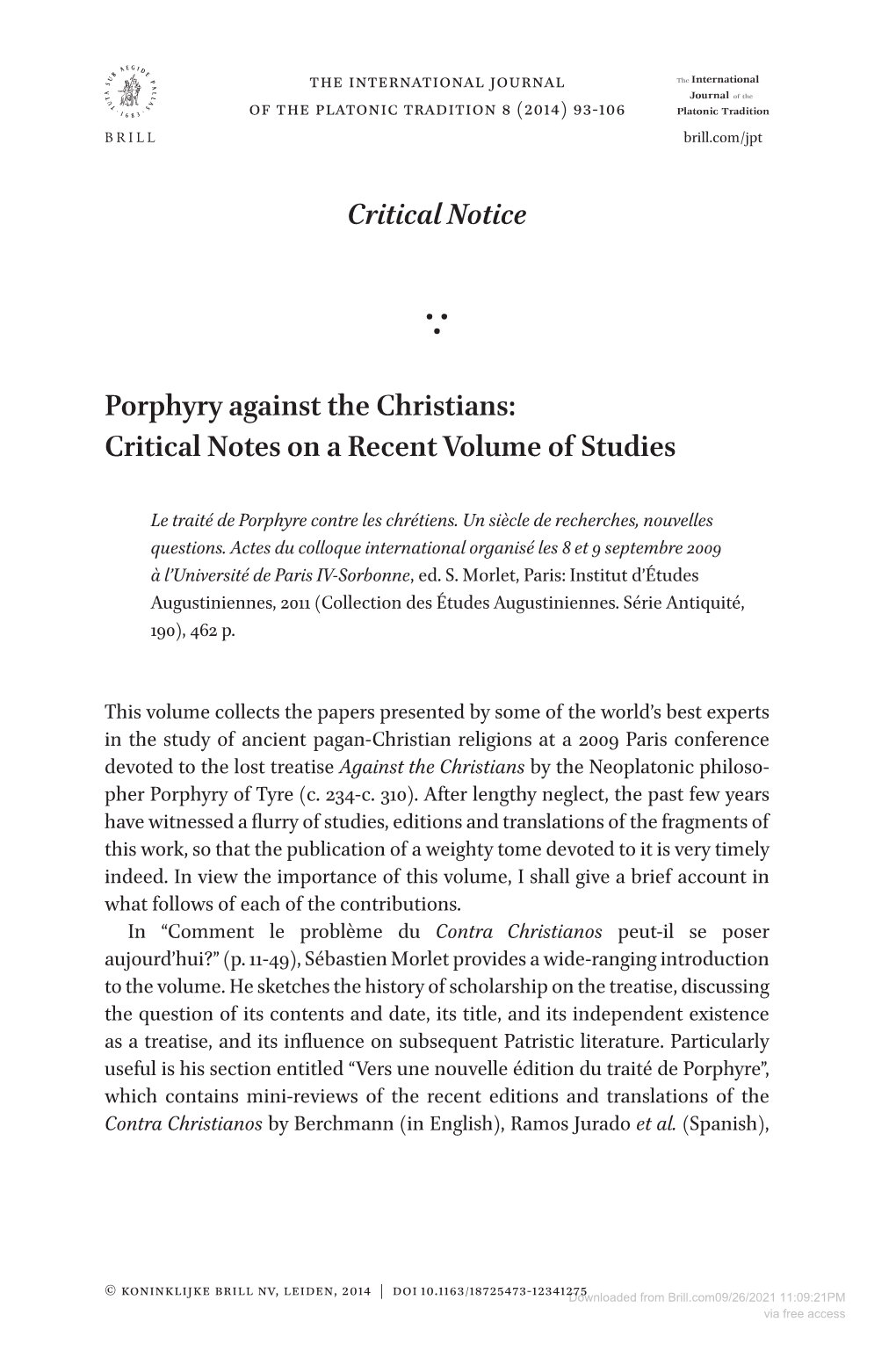 Critical Notice Porphyry Against the Christians