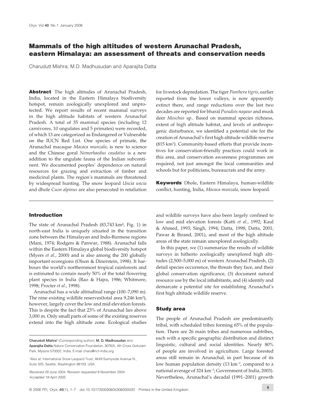 Mammals of the High Altitudes of Western Arunachal Pradesh, Eastern Himalaya: an Assessment of Threats and Conservation Needs