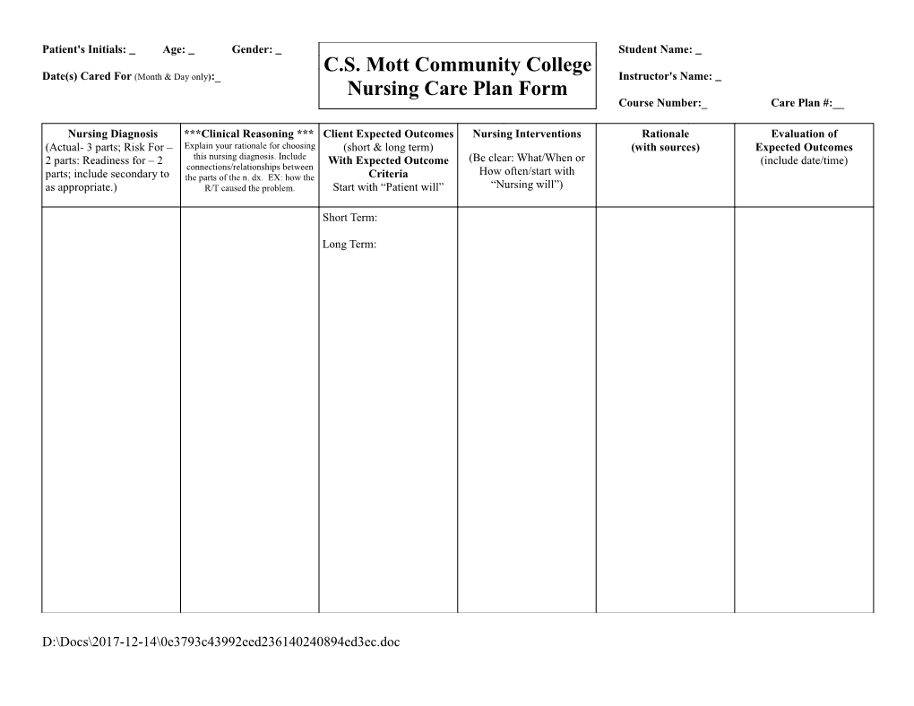 K: Forms Nursing Forms Nursing Care Plan Form 2016