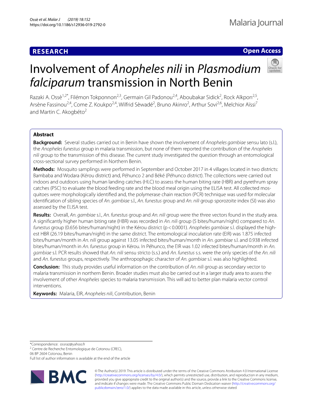 Involvement of Anopheles Nili in Plasmodium Falciparum Transmission in North Benin Razaki A