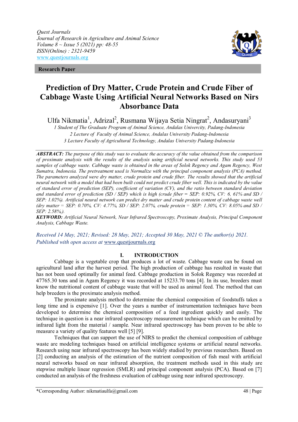 Prediction of Dry Matter, Crude Protein and Crude Fiber of Cabbage Waste Using Artificial Neural Networks Based on Nirs Absorbance Data