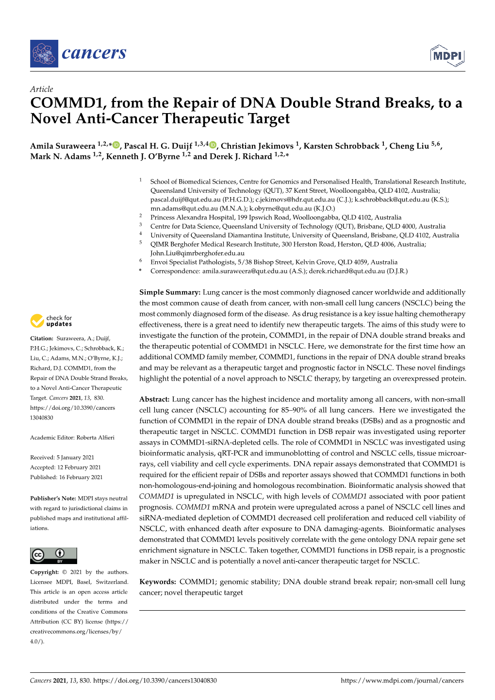 COMMD1, from the Repair of DNA Double Strand Breaks, to a Novel Anti-Cancer Therapeutic Target