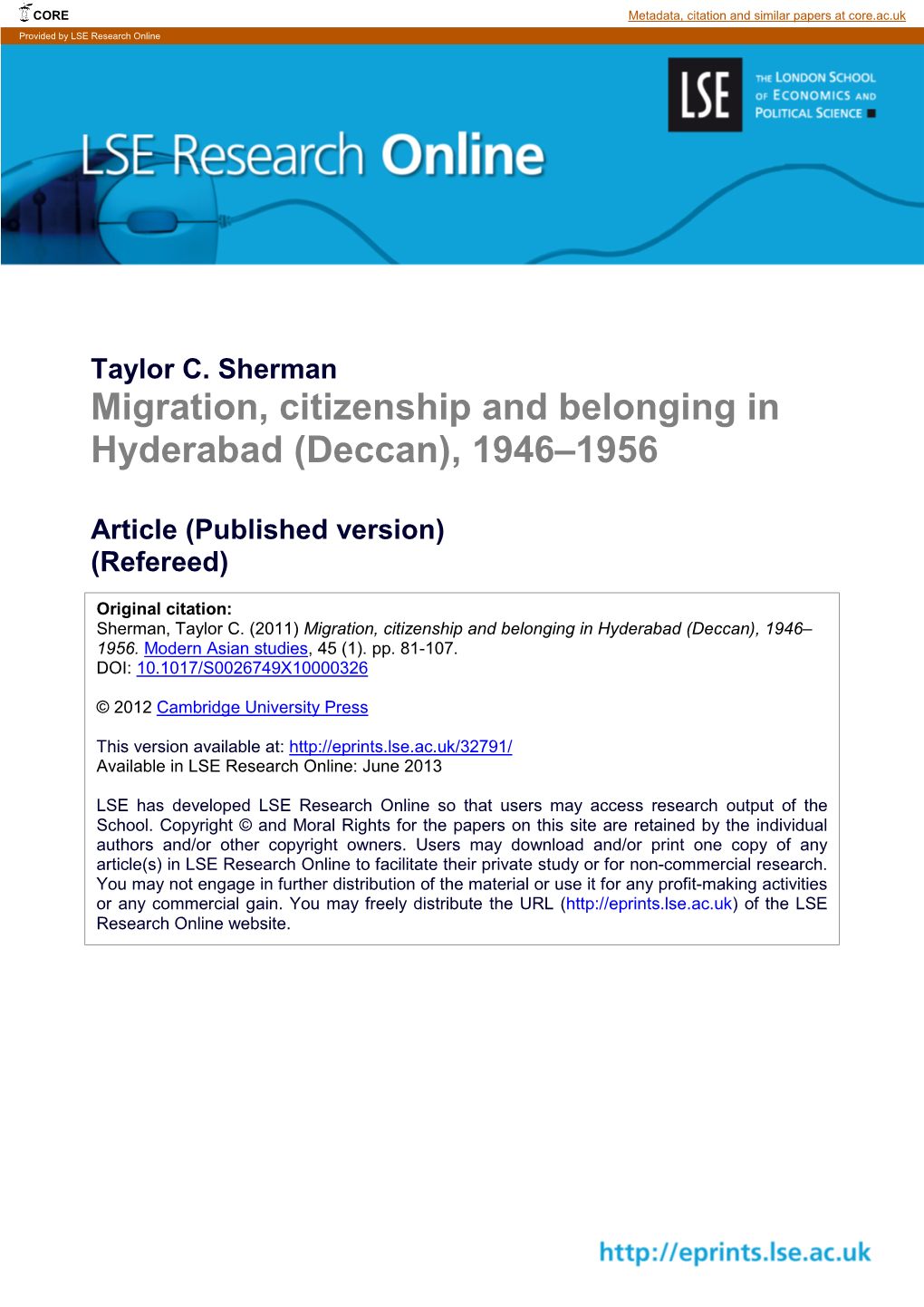 Migration, Citizenship and Belonging in Hyderabad (Deccan), 1946–1956