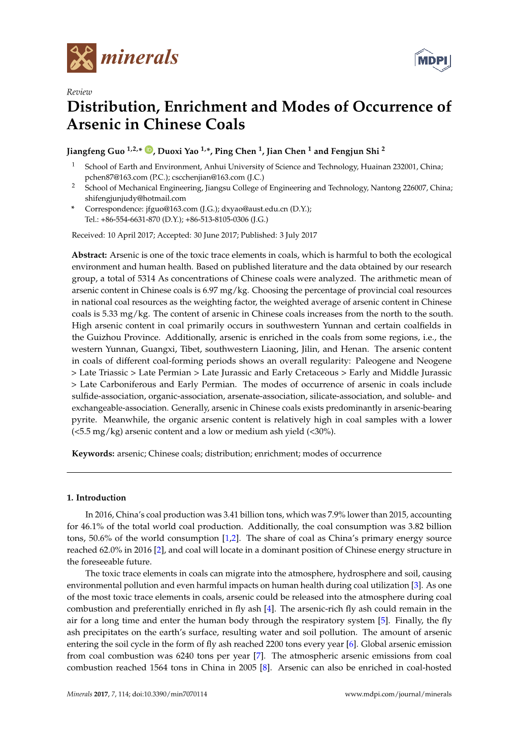 Distribution, Enrichment and Modes of Occurrence of Arsenic in Chinese Coals