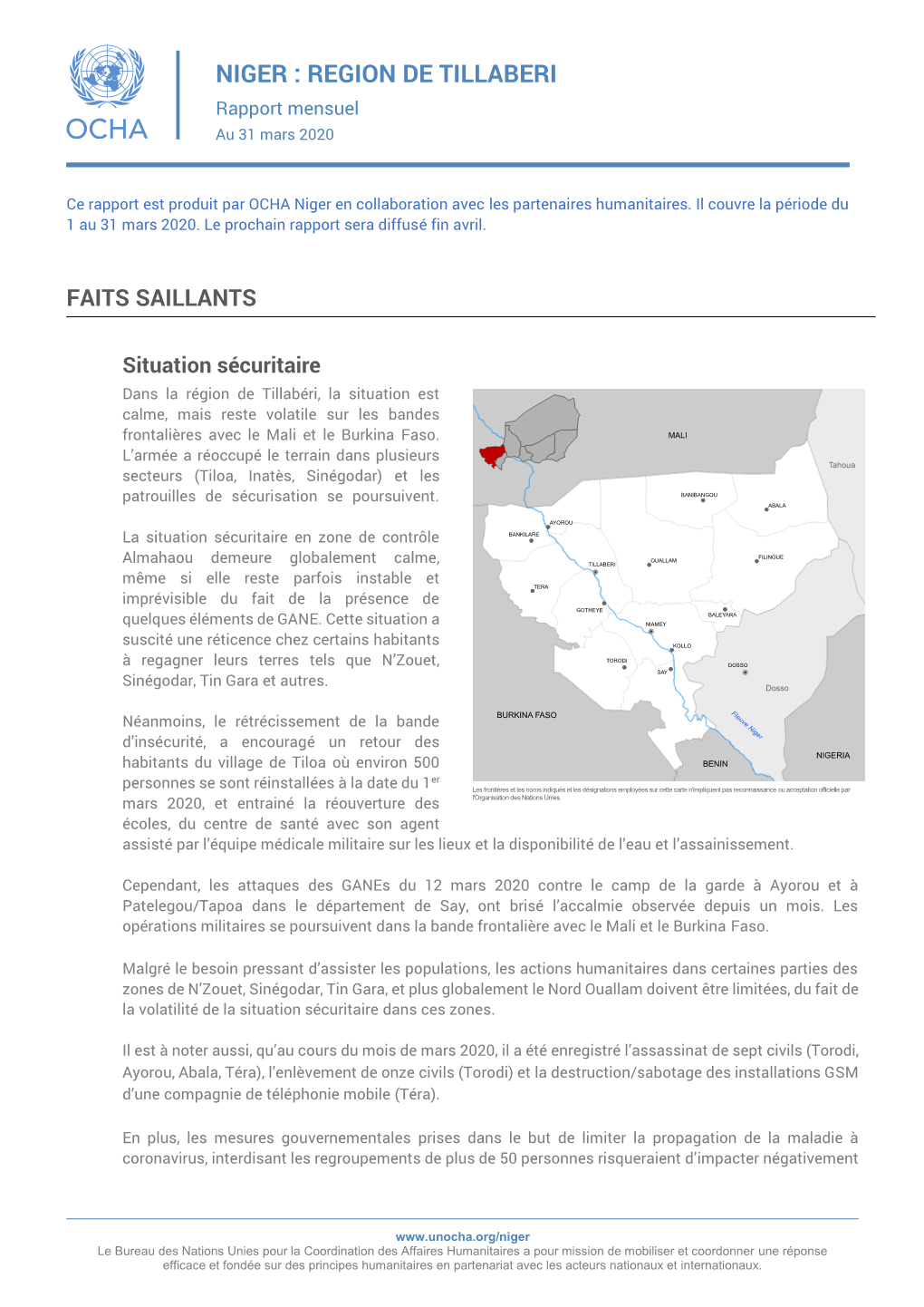 REGION DE TILLABERI Rapport Mensuel Au 31 Mars 2020