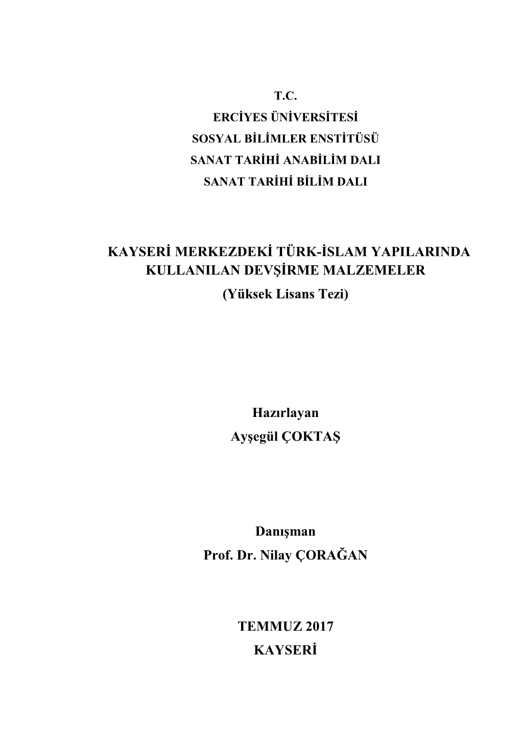 KAYSERİ MERKEZDEKİ TÜRK-İSLAM YAPILARINDA KULLANILAN DEVŞİRME MALZEMELER (Yüksek Lisans Tezi)