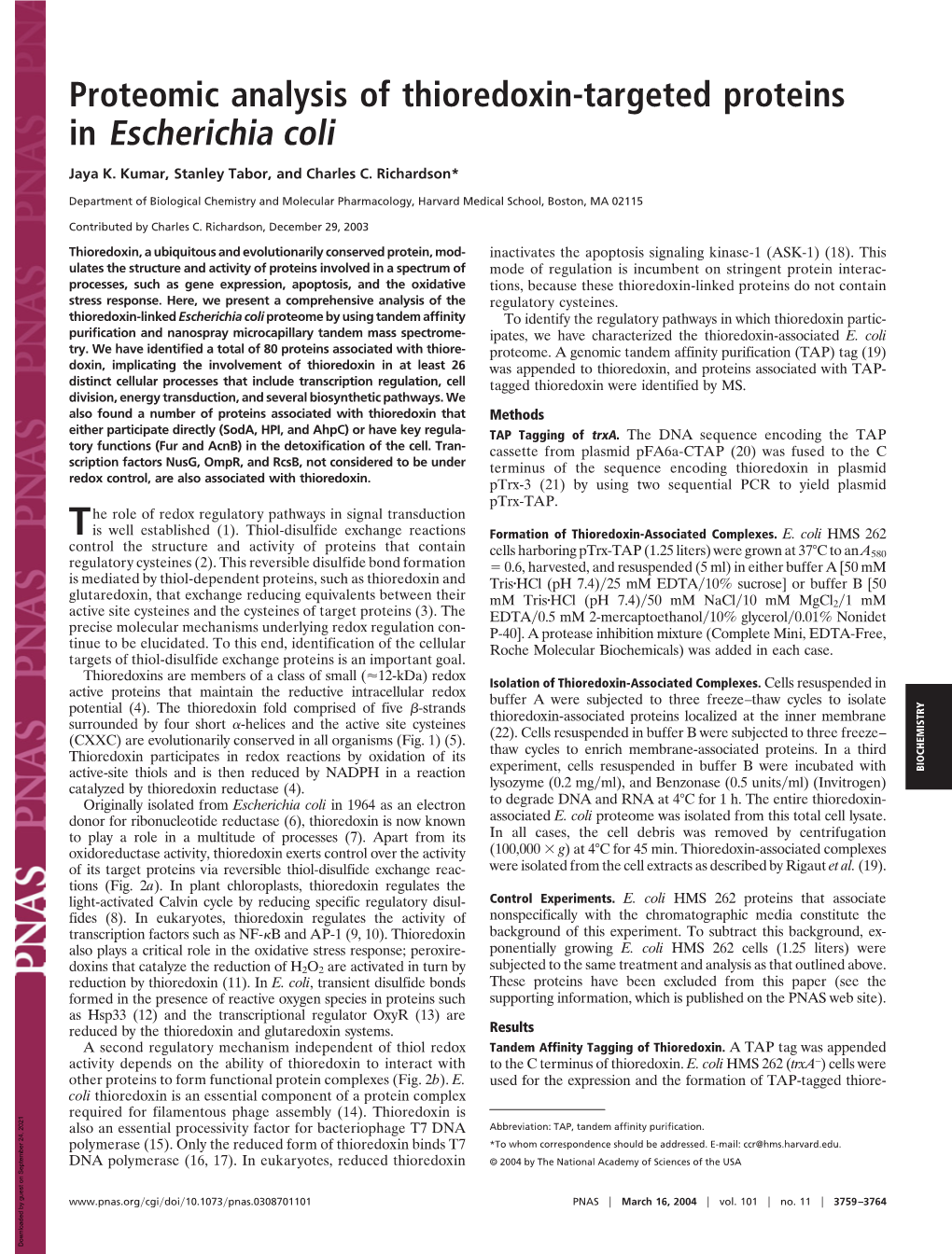 Proteomic Analysis of Thioredoxin-Targeted Proteins in Escherichia Coli