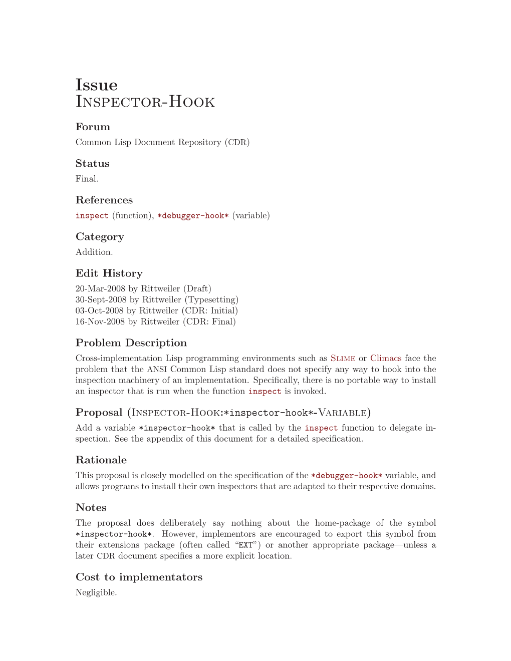 Issue Inspector-Hook Forum Common Lisp Document Repository (CDR)
