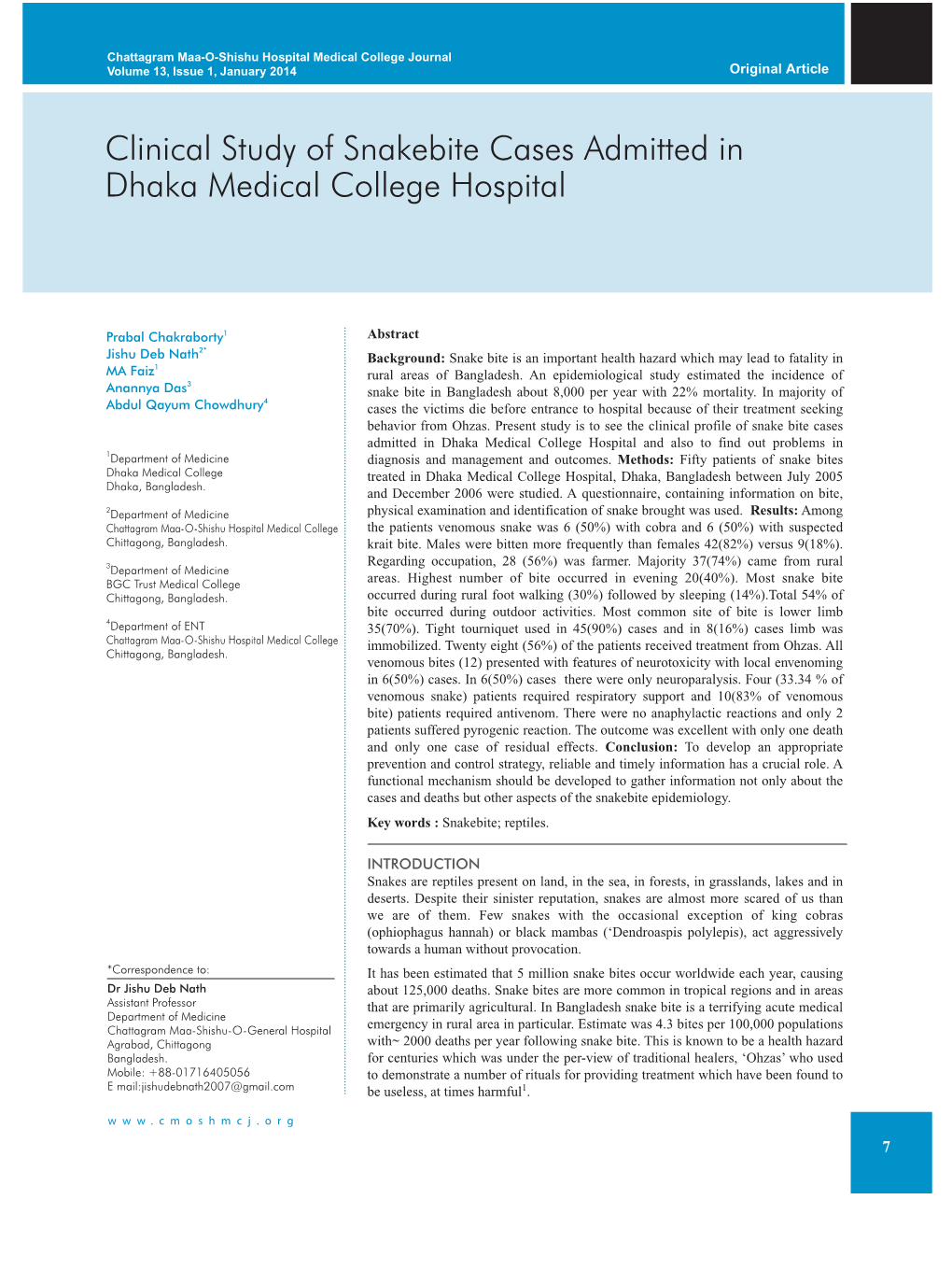 Clinical Study of Snakebite Cases Admitted in Dhaka Medical College Hospital