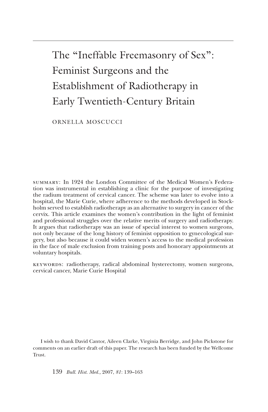 Feminist Surgeons and the Establishment of Radiotherapy in Early Twentieth-Century Britain