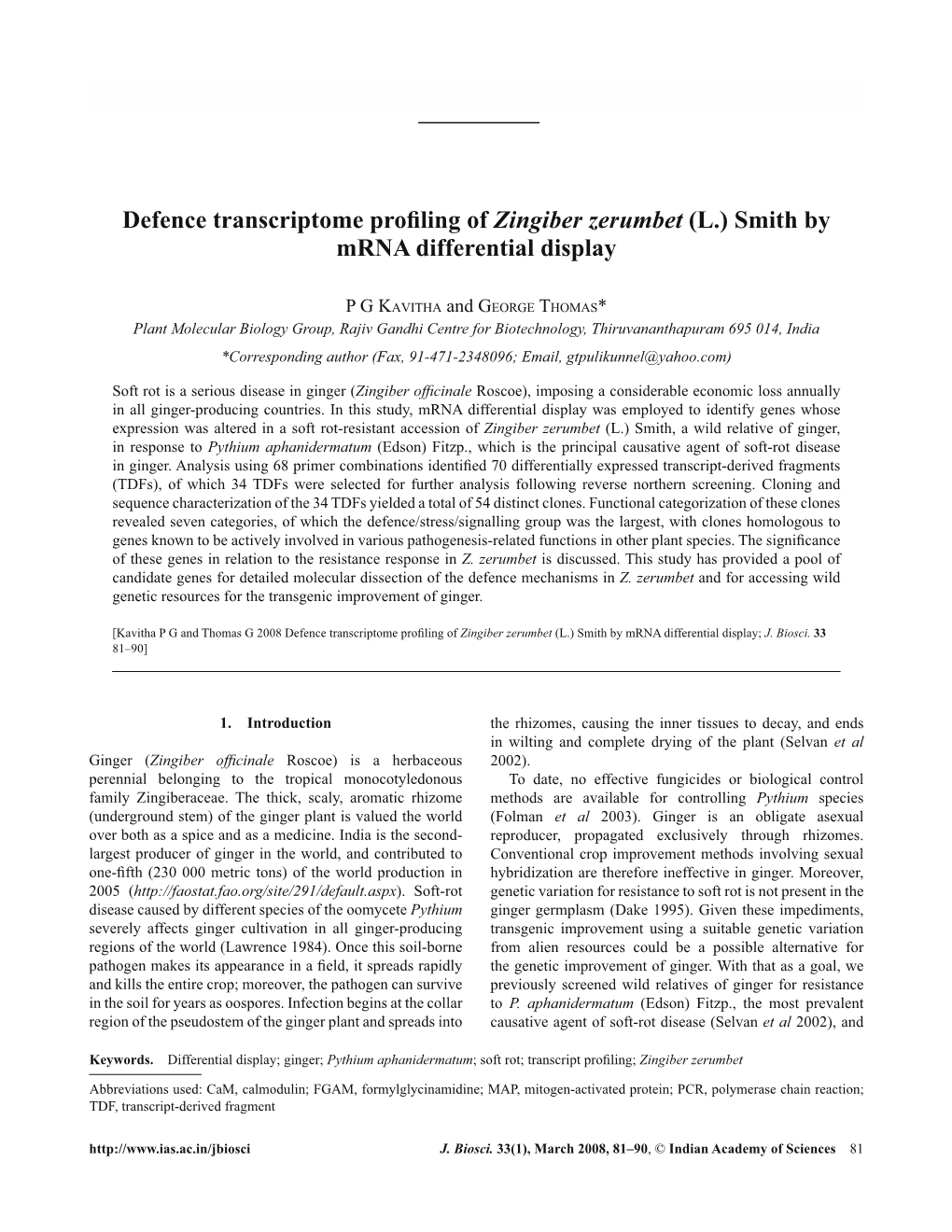 Defence Transcriptome Profiling of Zingiber Zerumbet (L.)