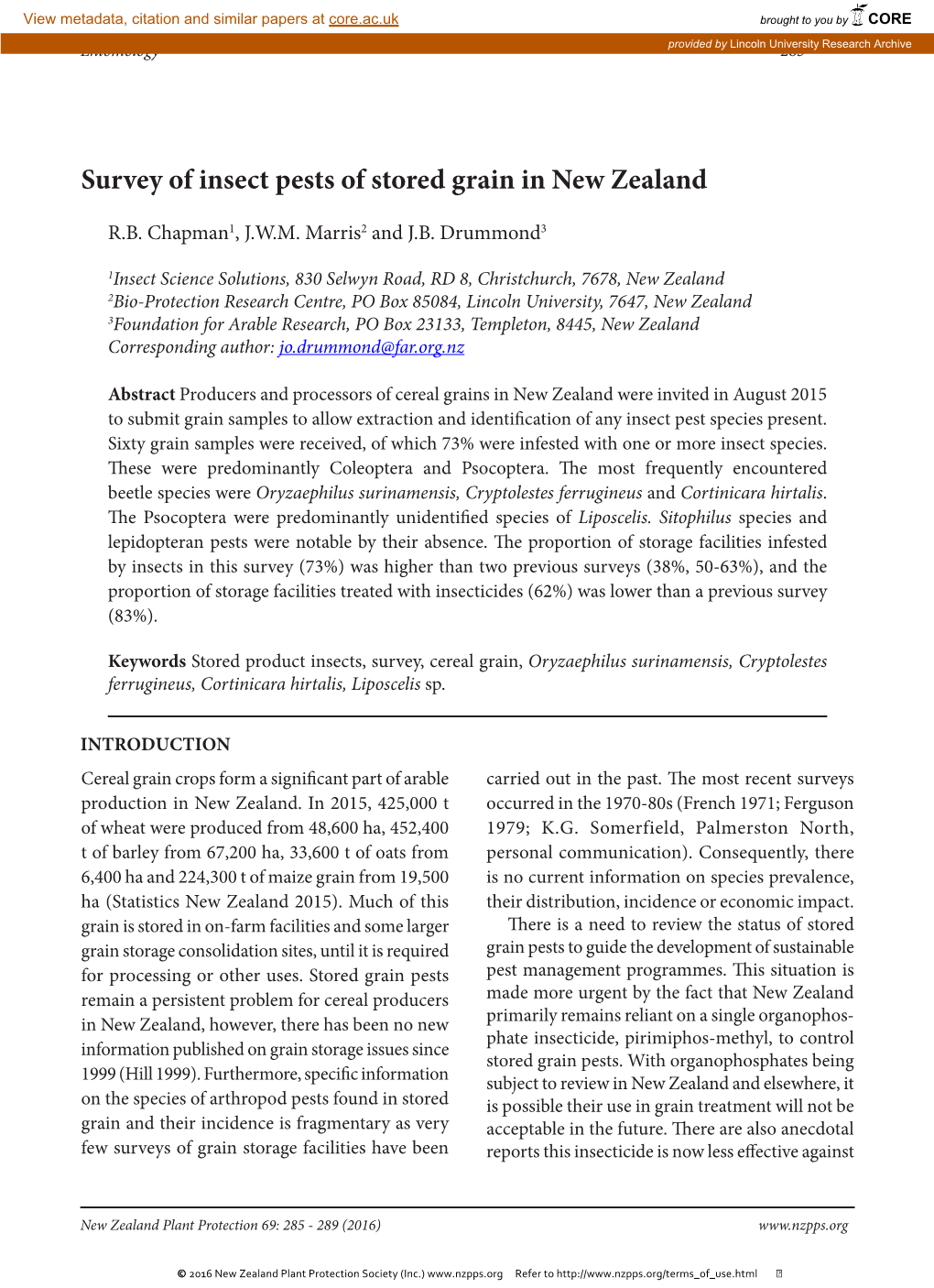 Survey of Insect Pests of Stored Grain in New Zealand