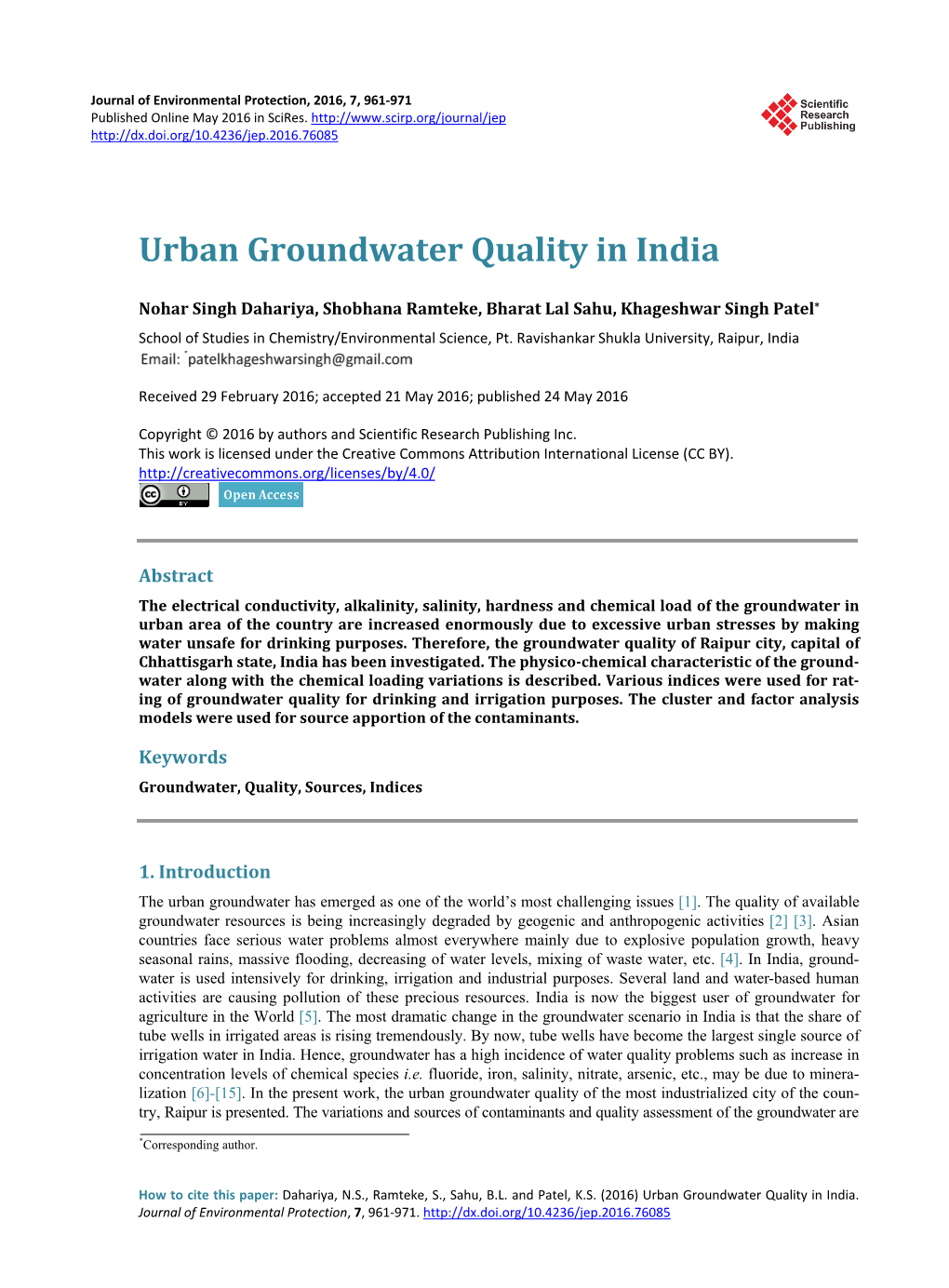 Urban Groundwater Quality in India