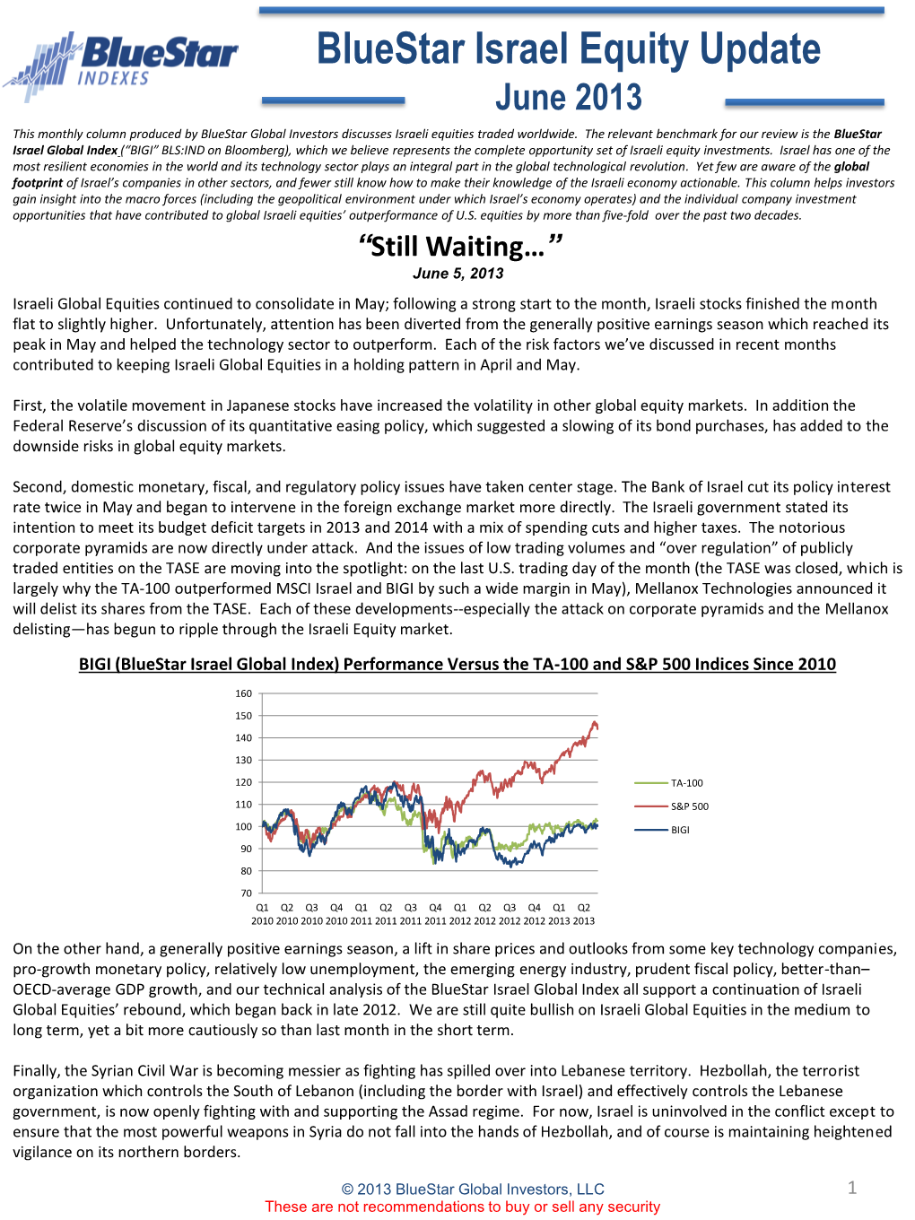 Bluestar Israel Equity Update June 2013 This Monthly Column Produced by Bluestar Global Investors Discusses Israeli Equities Traded Worldwide