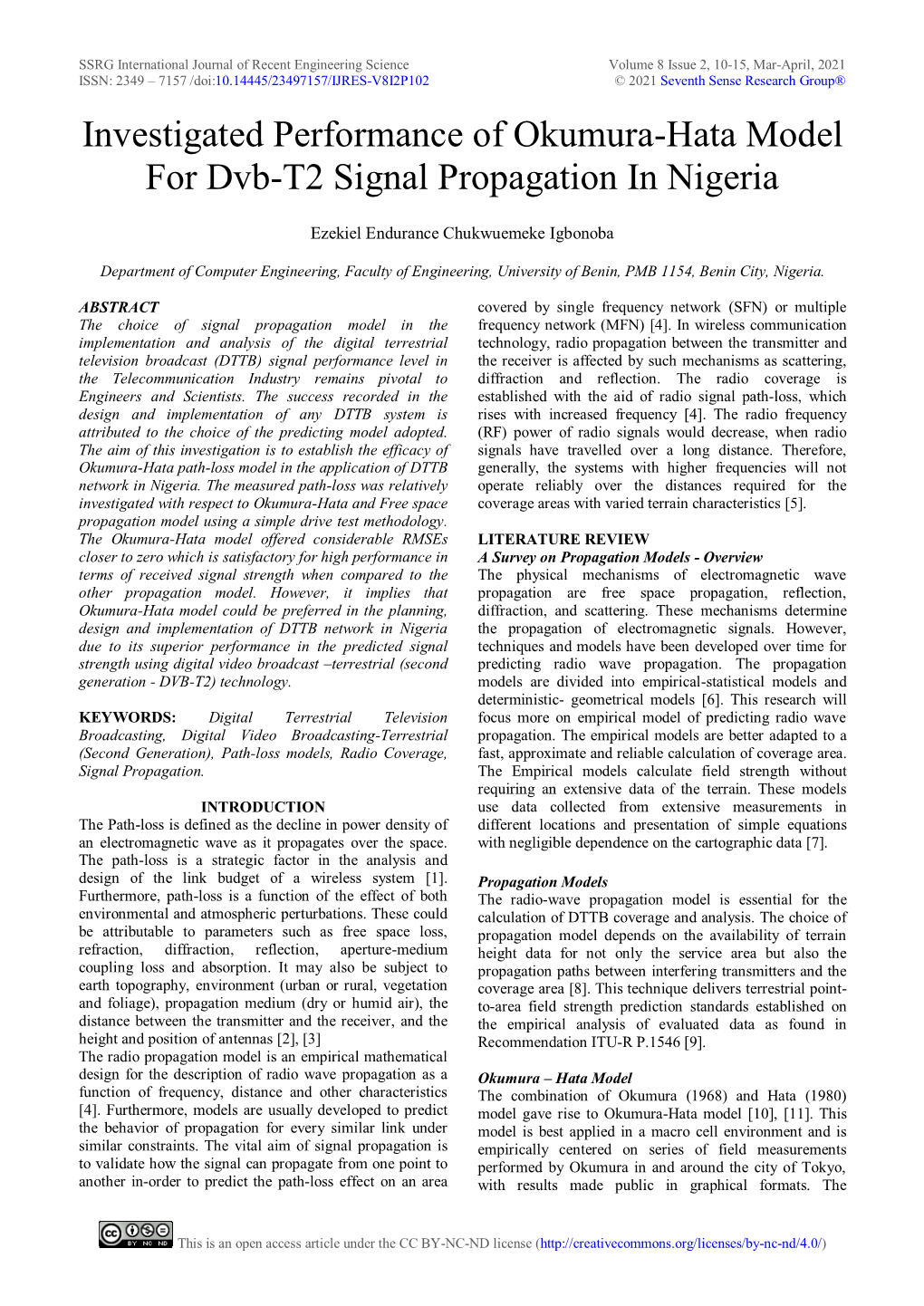 Investigated Performance of Okumura-Hata Model for Dvb-T2 Signal Propagation in Nigeria