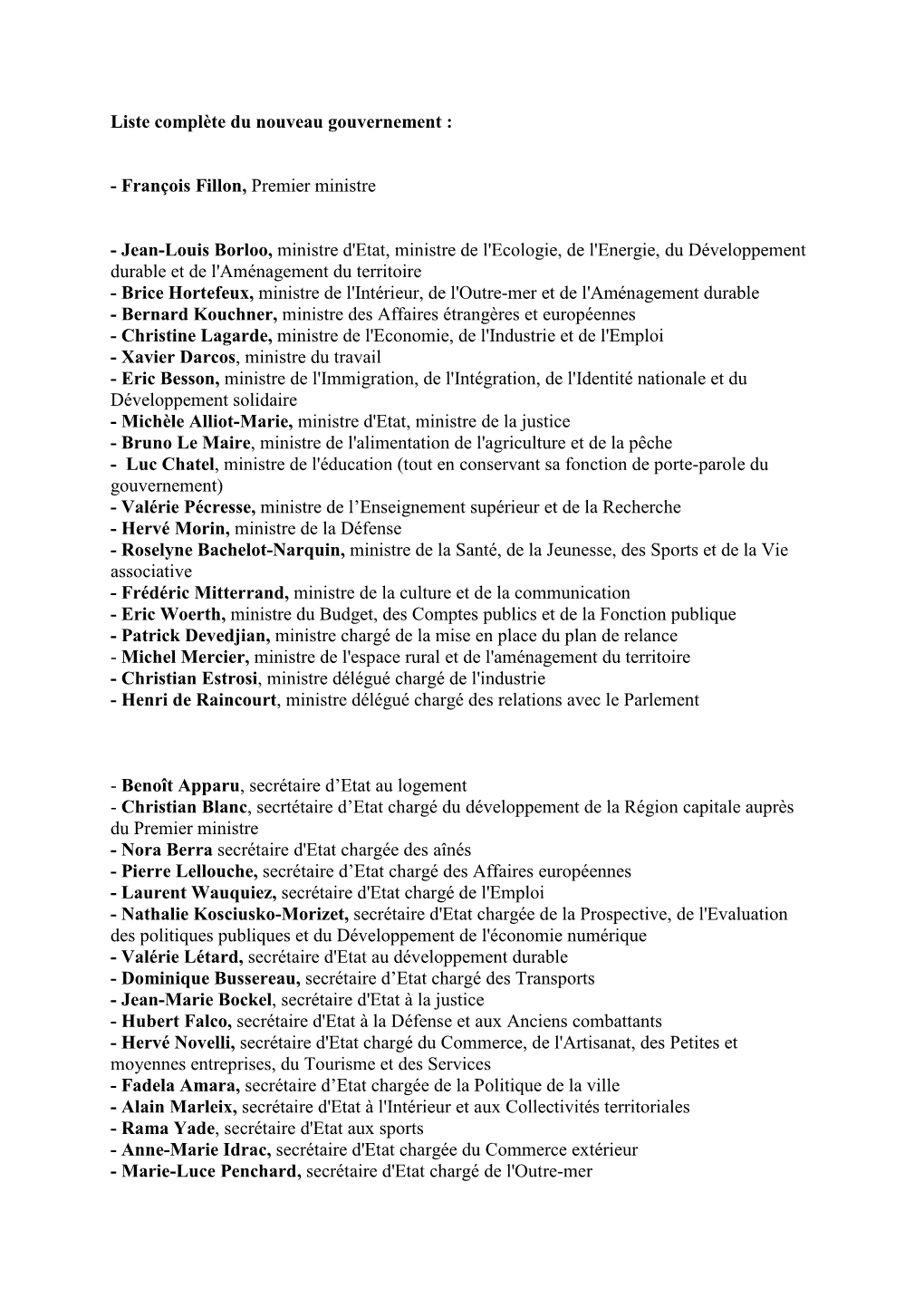 Liste Complète Du Nouveau Gouvernement