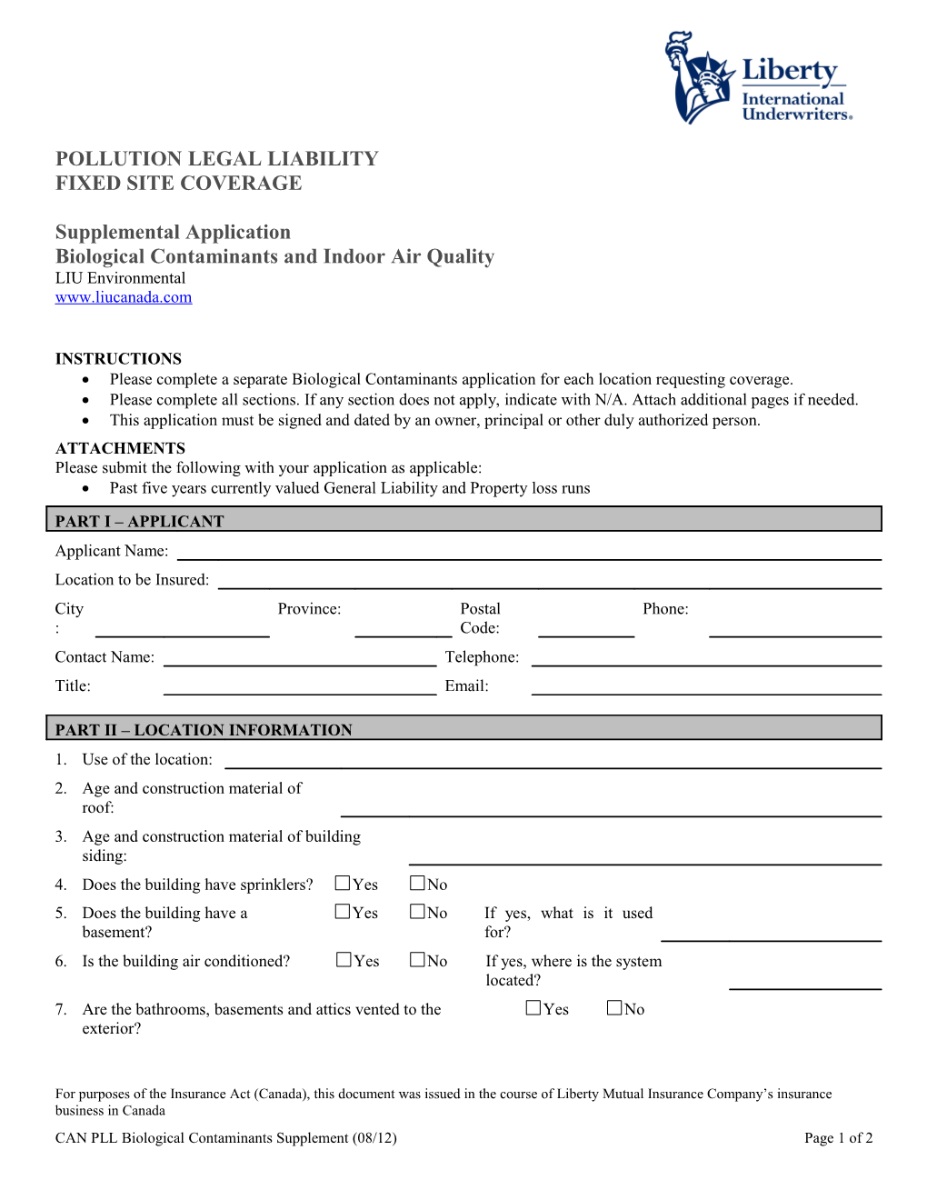 Application - Pollution Legal Liability Mold Supplement