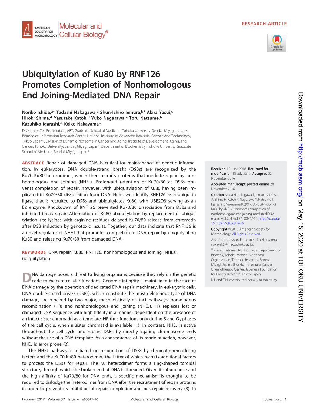 Ubiquitylation of Ku80 by RNF126 Promotes Completion of Nonhomologous End Joining-Mediated DNA Repair Downloaded From