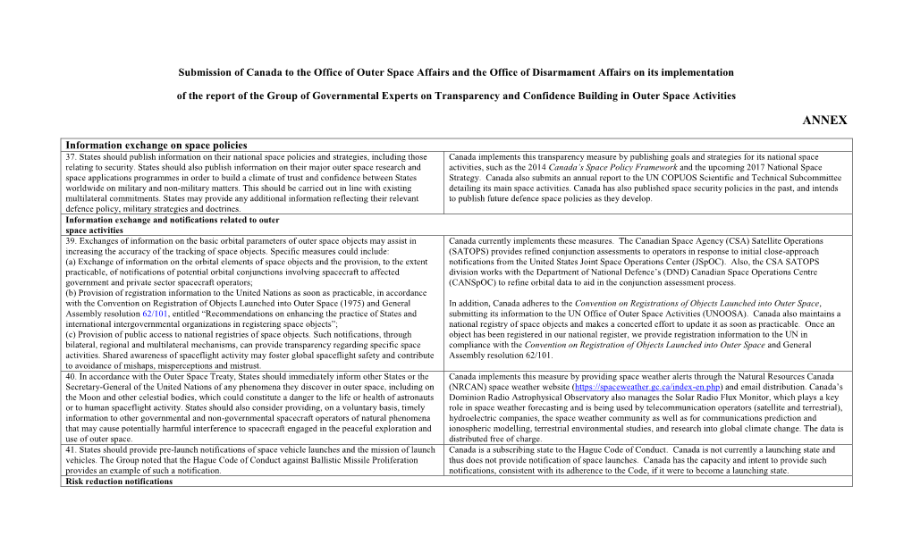 Submission of Canada to the Office of Outer Space Affairs and the Office of Disarmament Affairs on Its Implementation