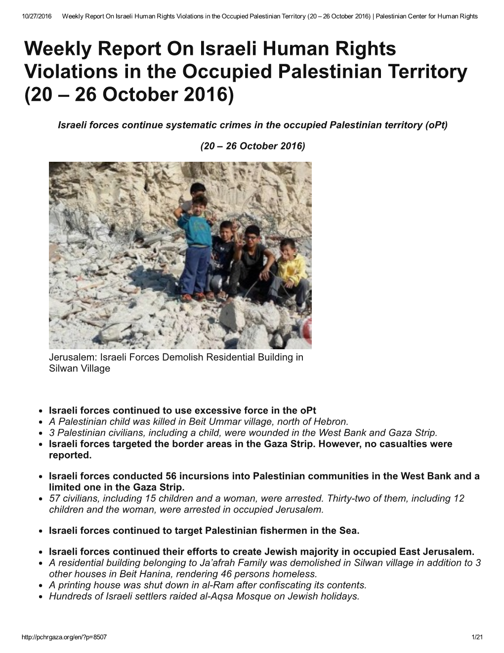 Weekly Report on Israeli Human Rights Violations in The