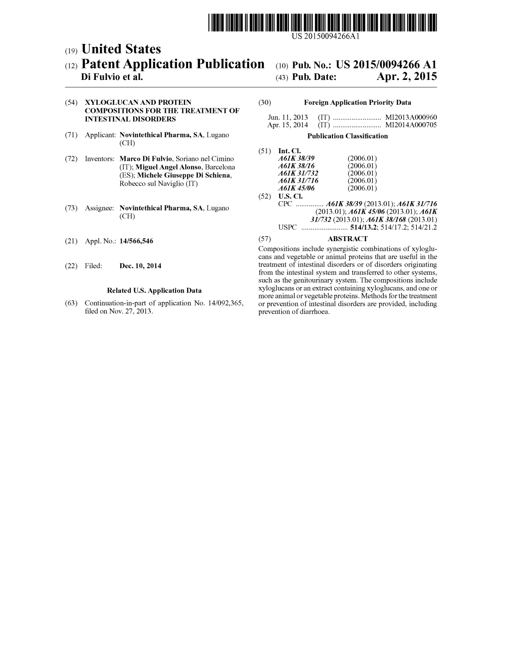 (2) Patent Application Publication (10) Pub. No.: US 2015/0094266 A1 Di Fulvio Et Al